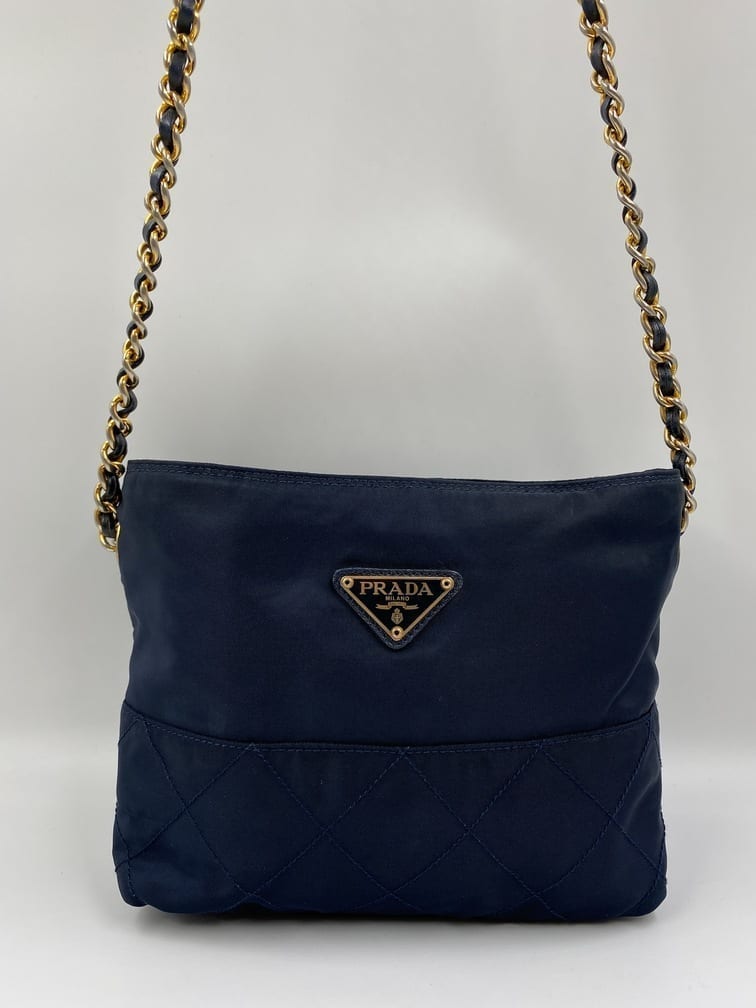 Prada Handbag Authentic Navy Blue Nylon and Leather Shoulder 