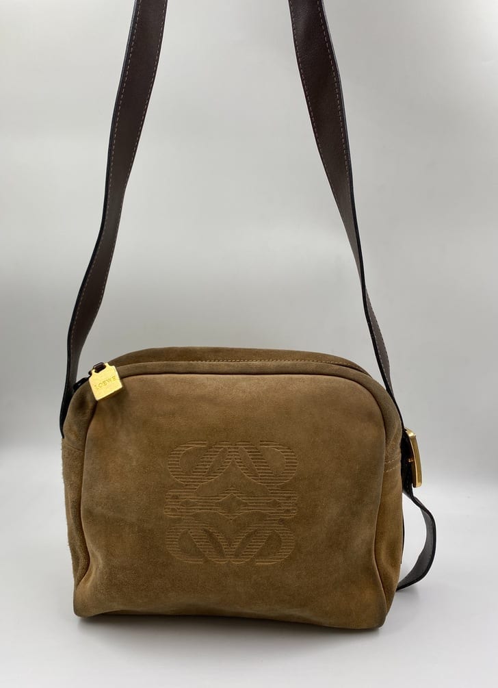 Authentic LOEWE Anagram Shoulder Cross Body Bag Suede Leather Brown 3331G
