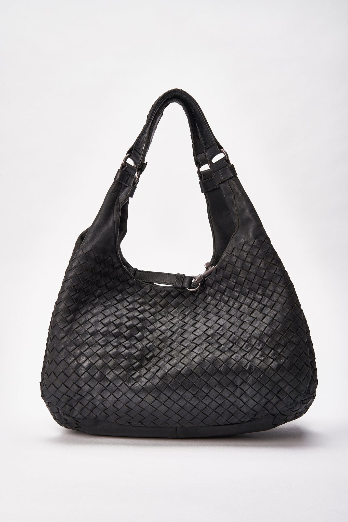 Vintage Bottega Veneta Black Intrecciato Leather Hobo Shoulder Bag