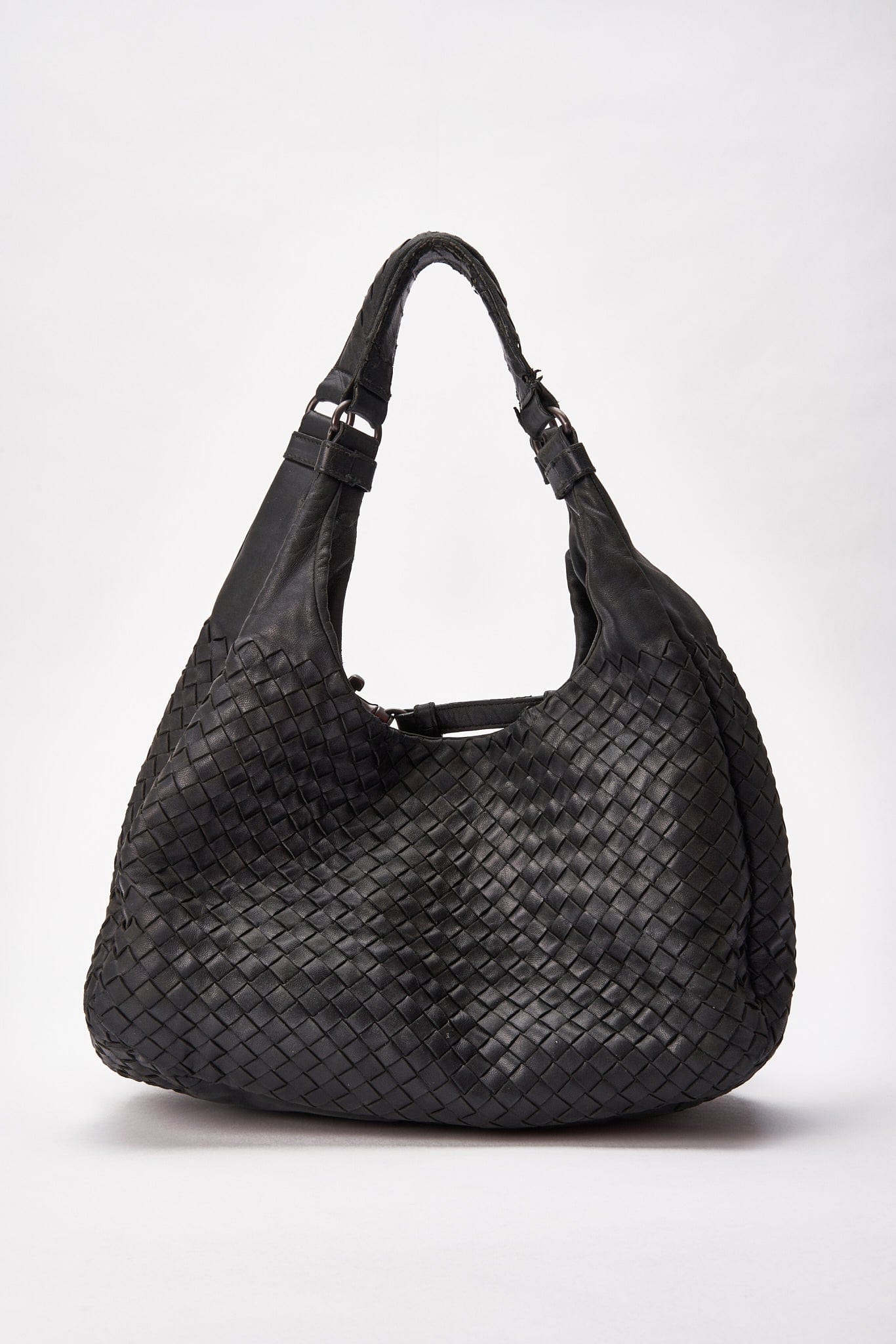 Vintage Bottega Veneta Black Intrecciato Leather Hobo Shoulder Bag