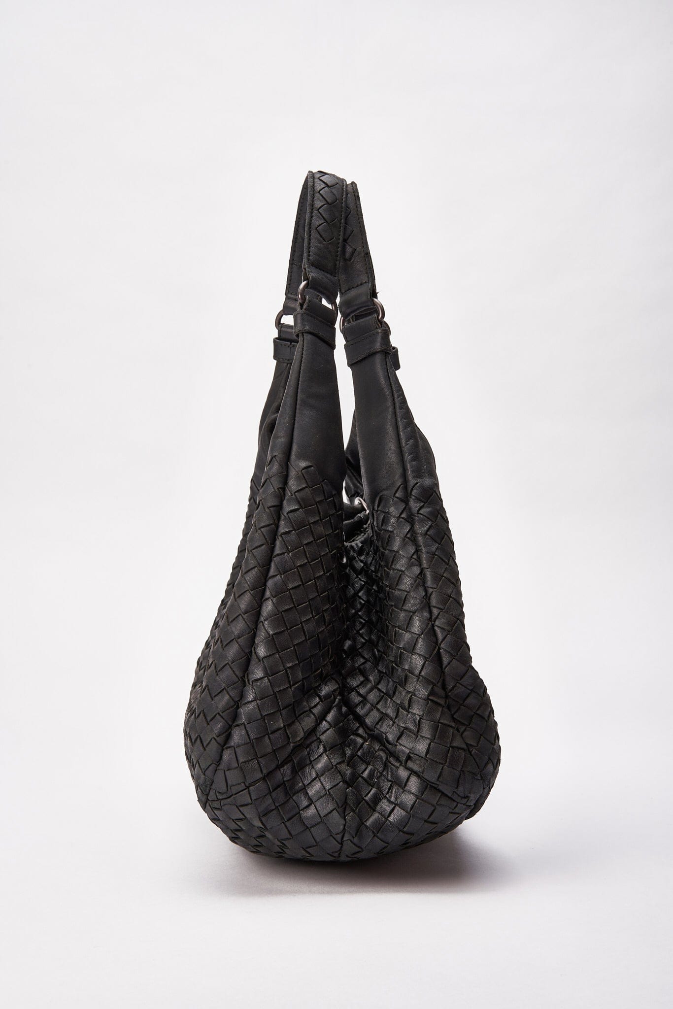 Vintage Bottega Veneta Black Intrecciato Leather Hobo Shoulder Bag