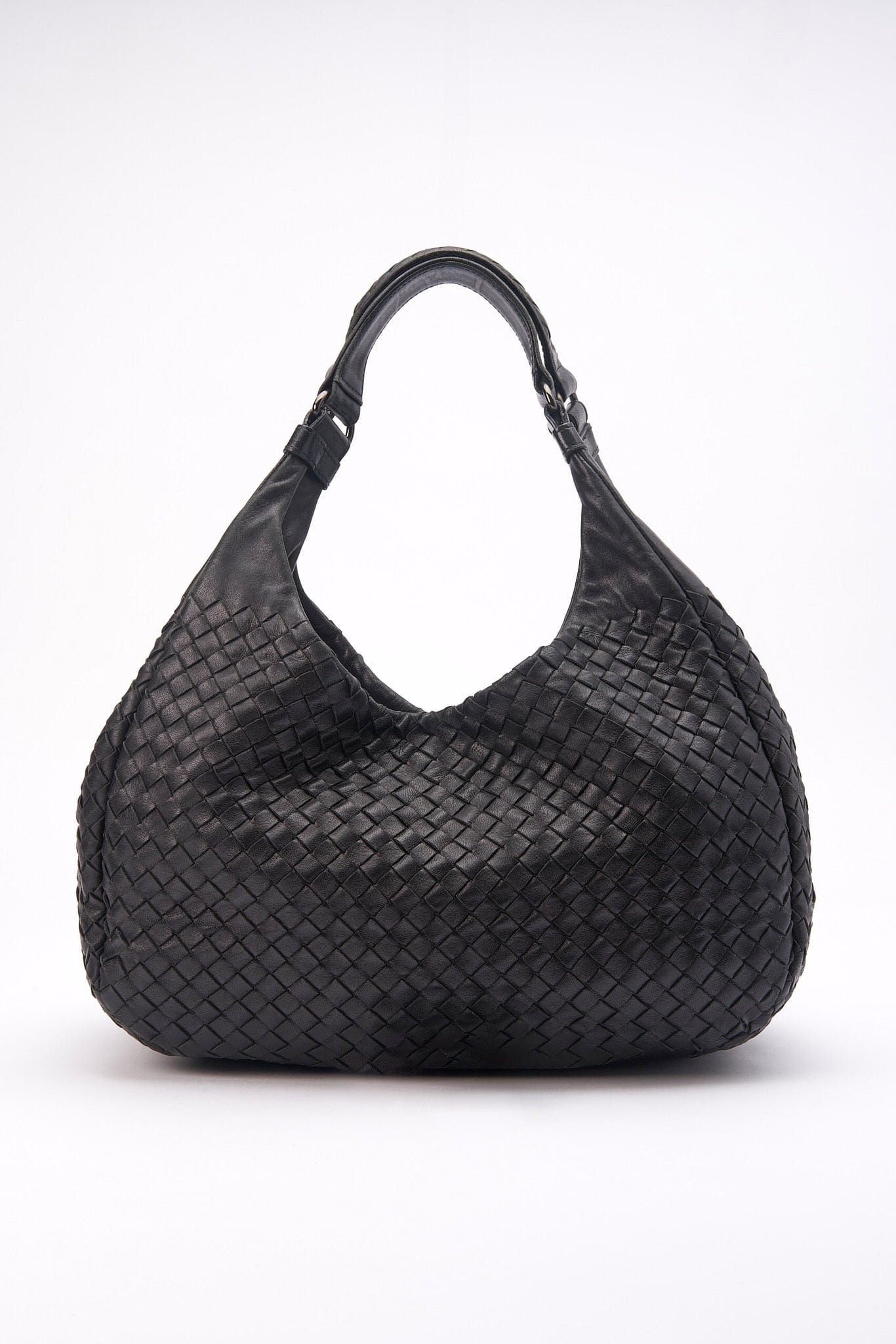 Vintage Bottega Veneta Black Intrecciato Leather Hobo Shoulder Bag