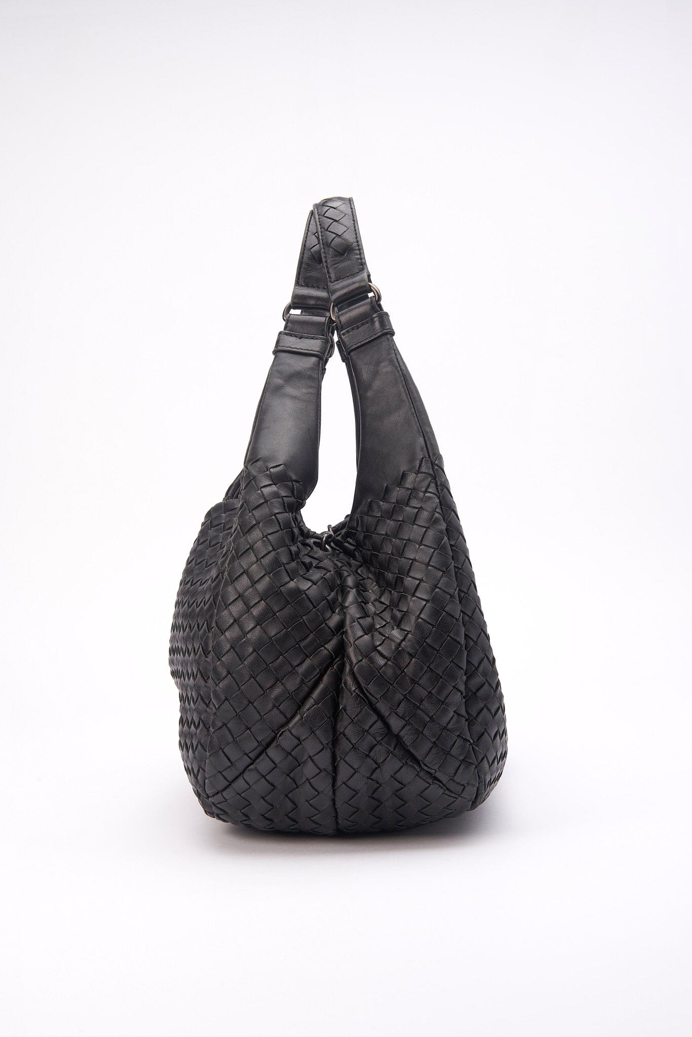 Vintage Bottega Veneta Black Intrecciato Leather Hobo Shoulder Bag