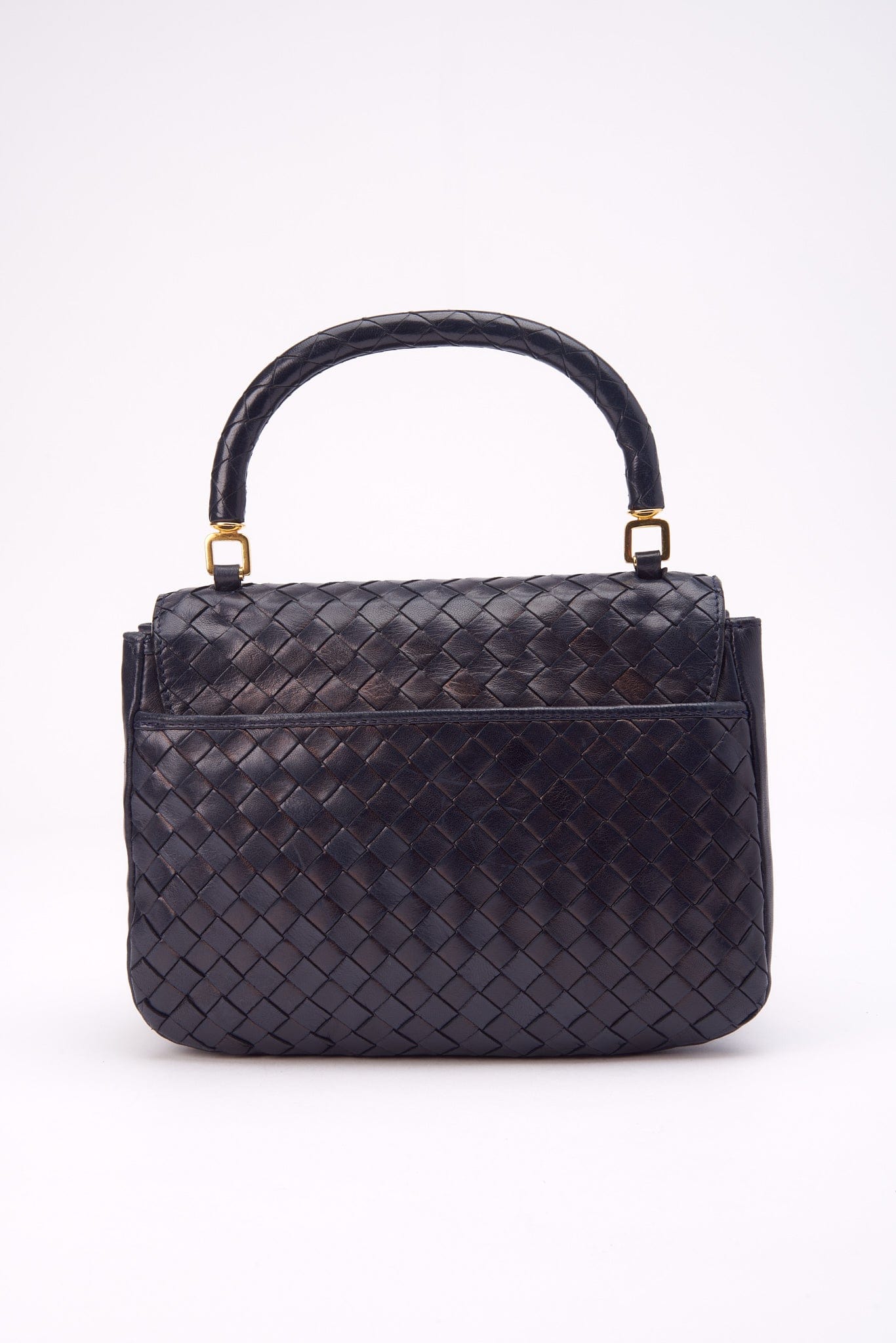 Vintage Bottega Veneta Intrecciato Navy Leather Top Handle Bag