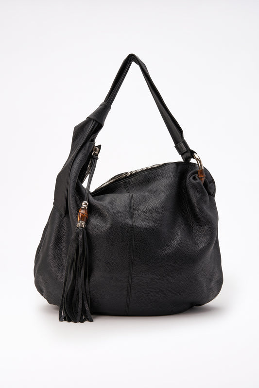 Vintage Gucci Black Leather Hobo Bag With Bamboo Detail