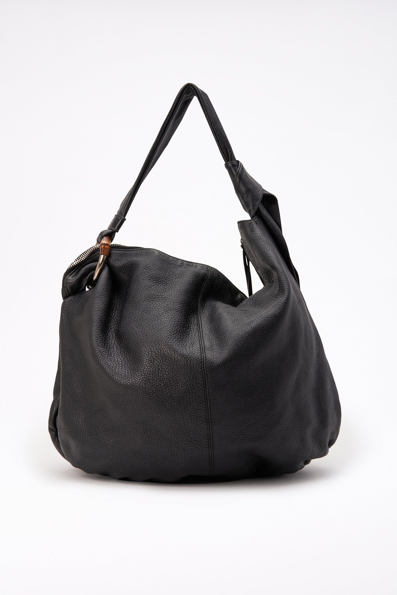 Vintage Gucci Black Leather Hobo Bag With Bamboo Detail