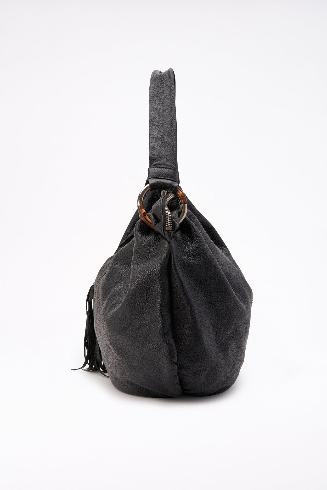 Vintage Gucci Black Leather Hobo Bag With Bamboo Detail