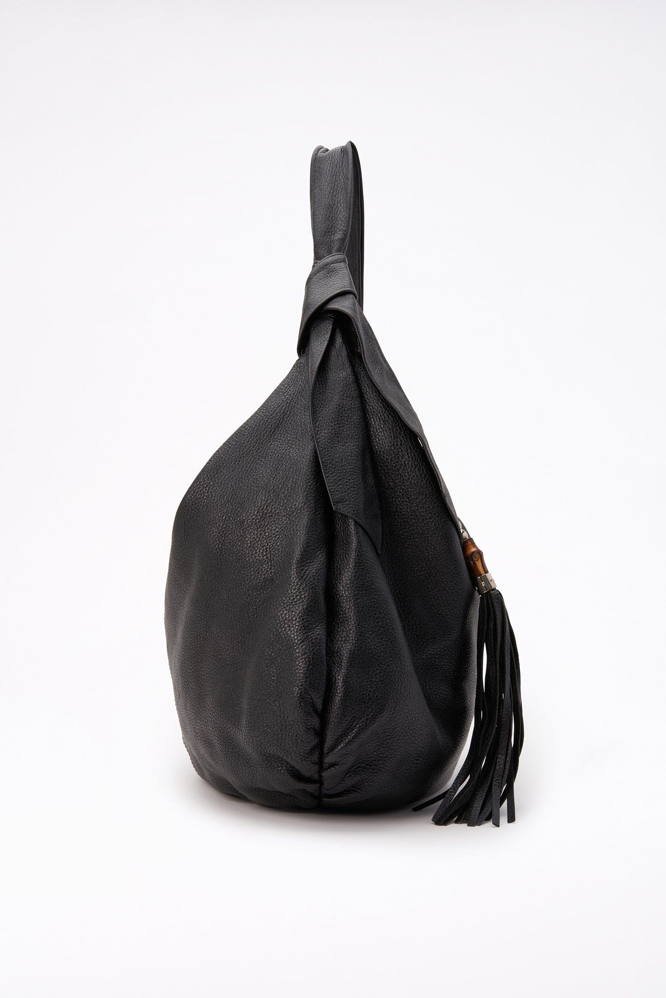 Vintage Gucci Black Leather Hobo Bag With Bamboo Detail