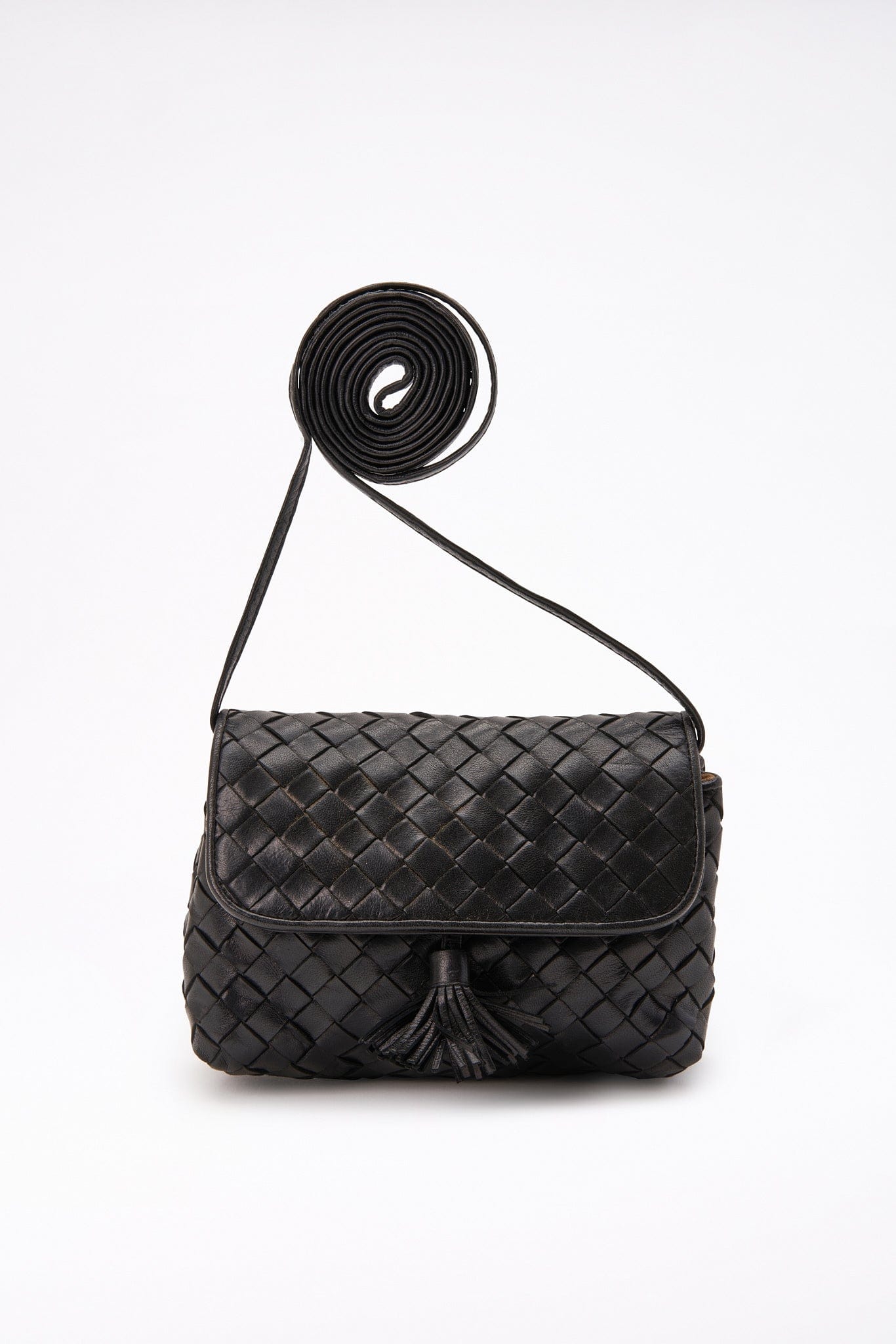 Vintage Bottega Veneta Black Intrecciato Leather Crossbody