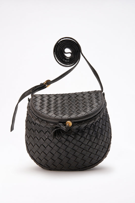 Vintage Bottega Veneta Black Intrecciato Leather Crossbody