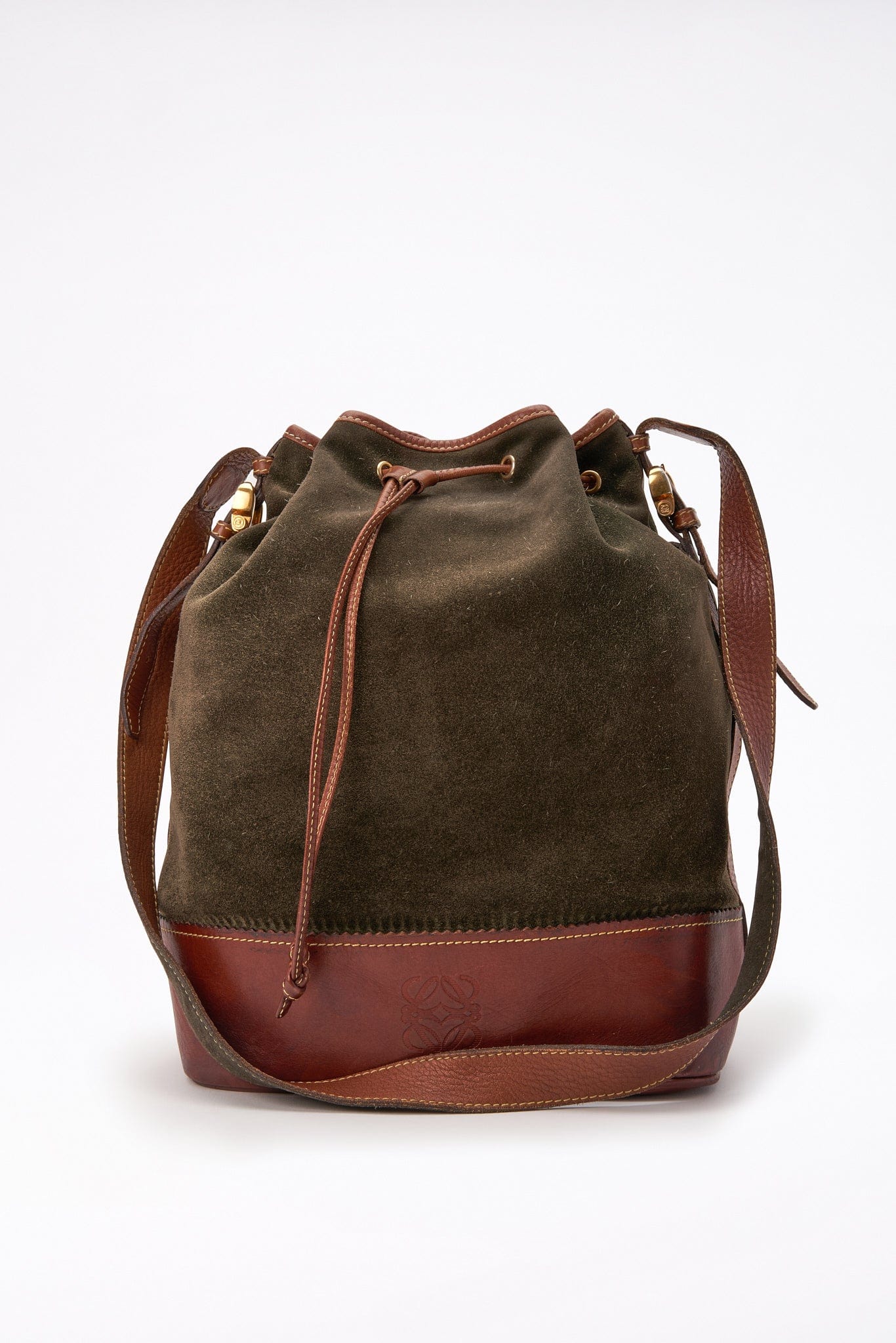 Vintage Loewe green Suede and Tan Leather Bucket Bag