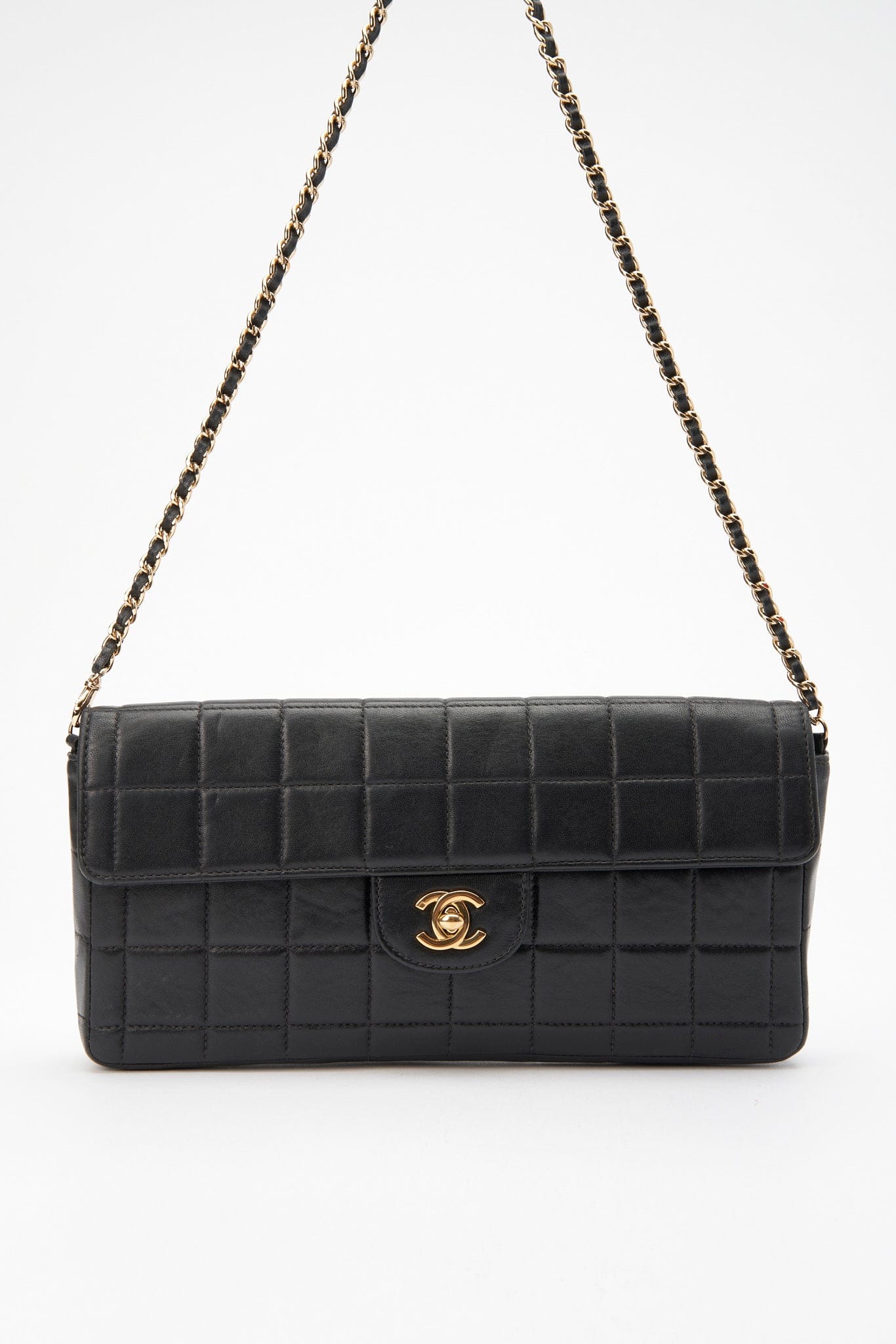 Chanel Black leather Chocolate Bar Flap Bag With 24K Gold Plated Hardware