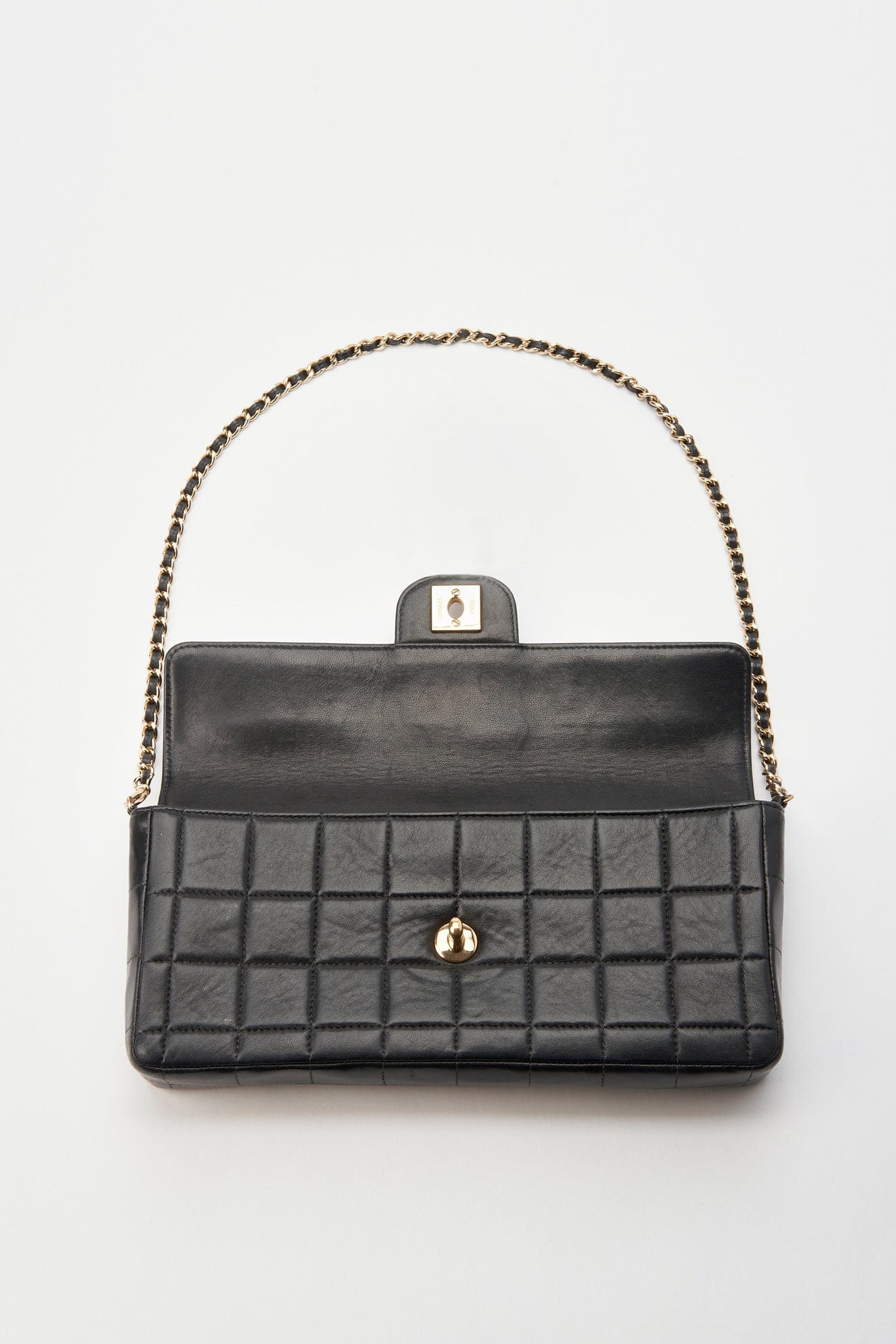 Chanel Black leather Chocolate Bar Flap Bag With 24K Gold Plated Hardware
