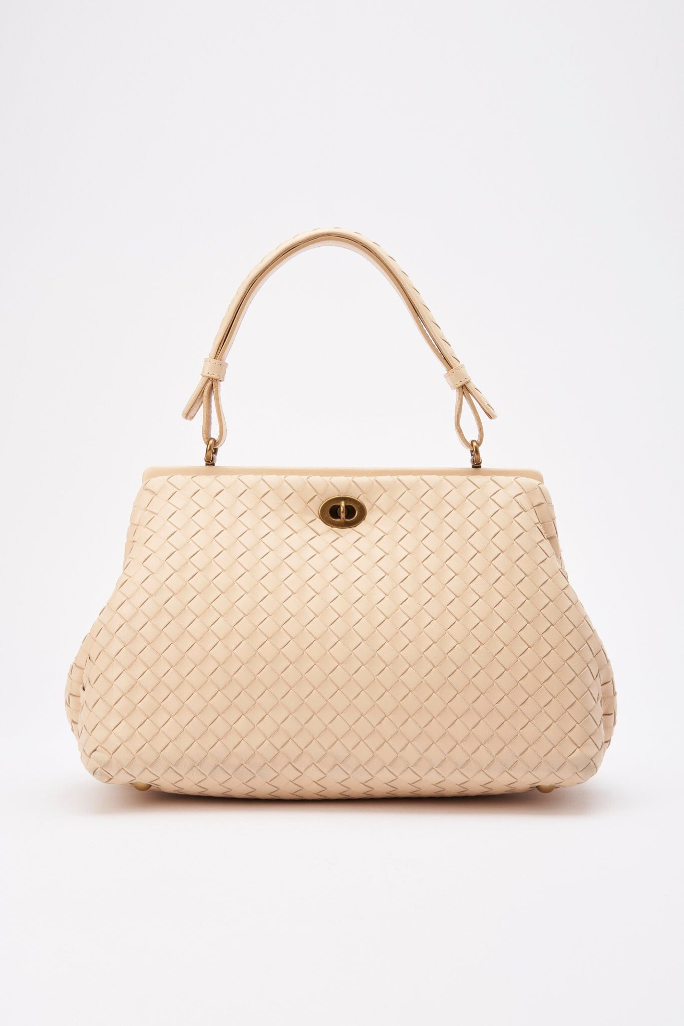 Vintage Bottega Veneta Cream Intrecciato Leather Top Handle Bag