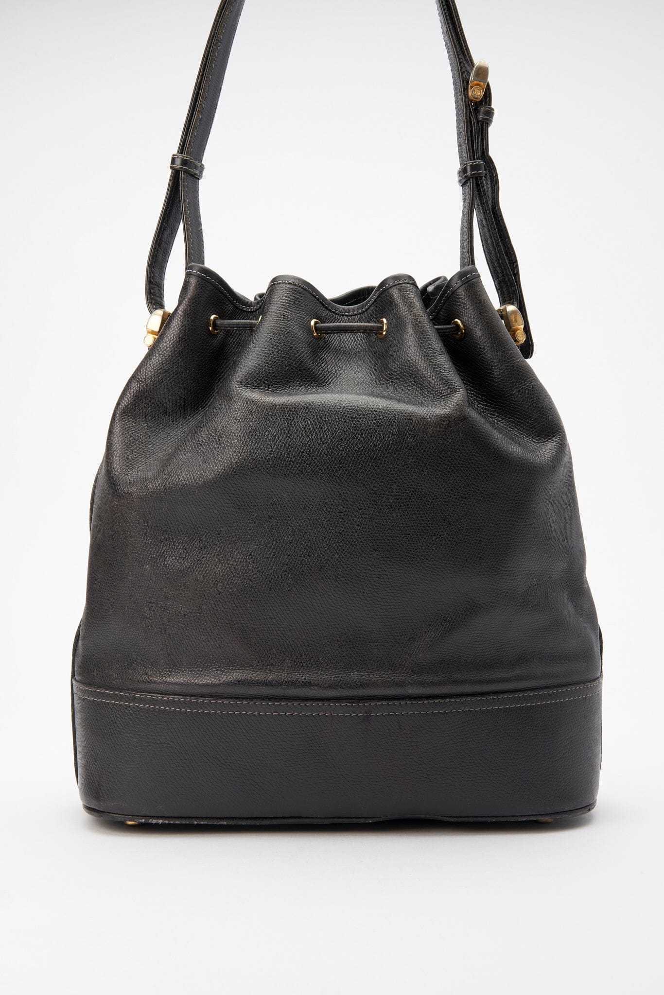 SOLD Vintage Black Leather Bucket Bag shops with Brass Hardware