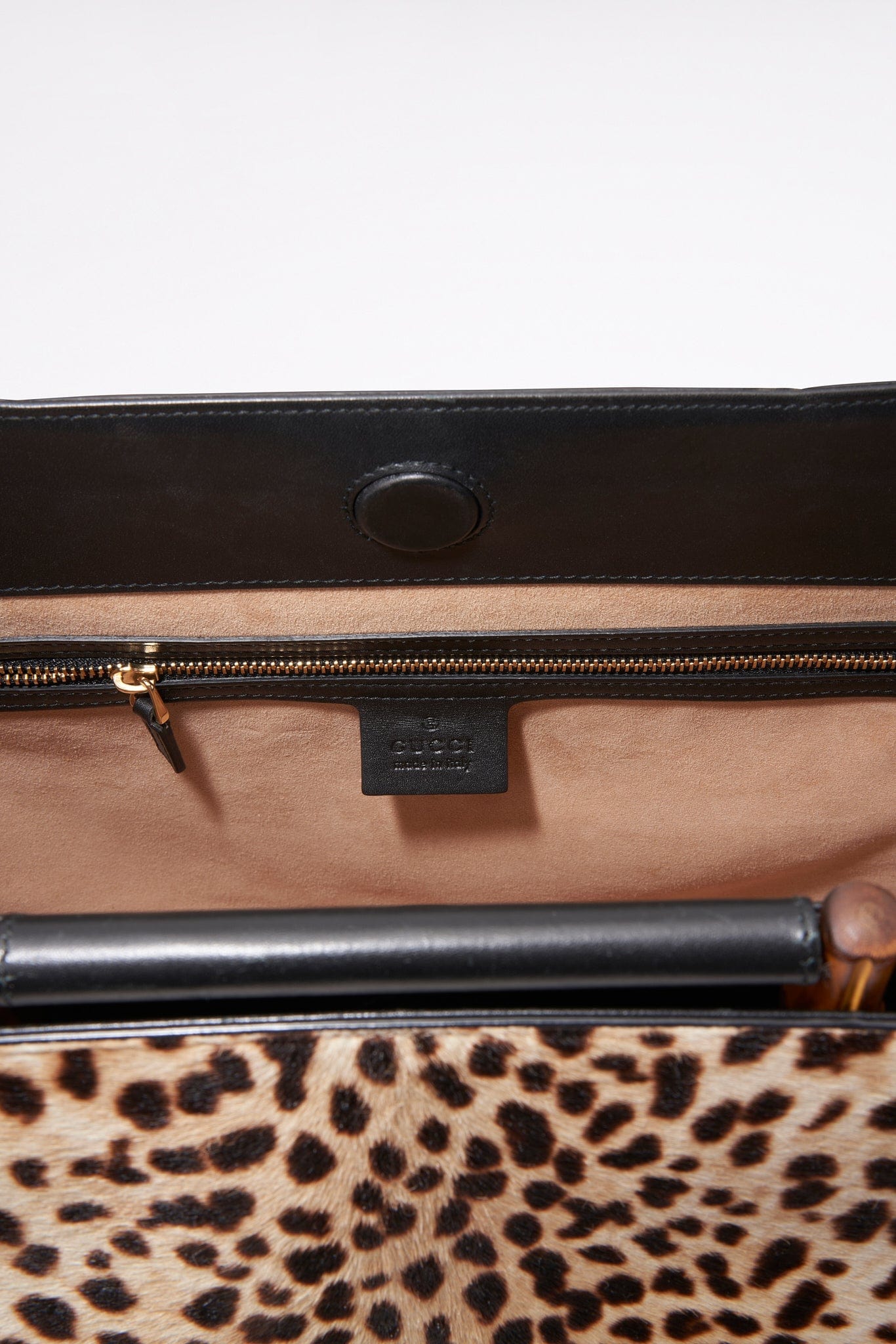 Vintage Gucci Nymphaea Leopard Printed Calf Hair Bag With Bamboo Handle