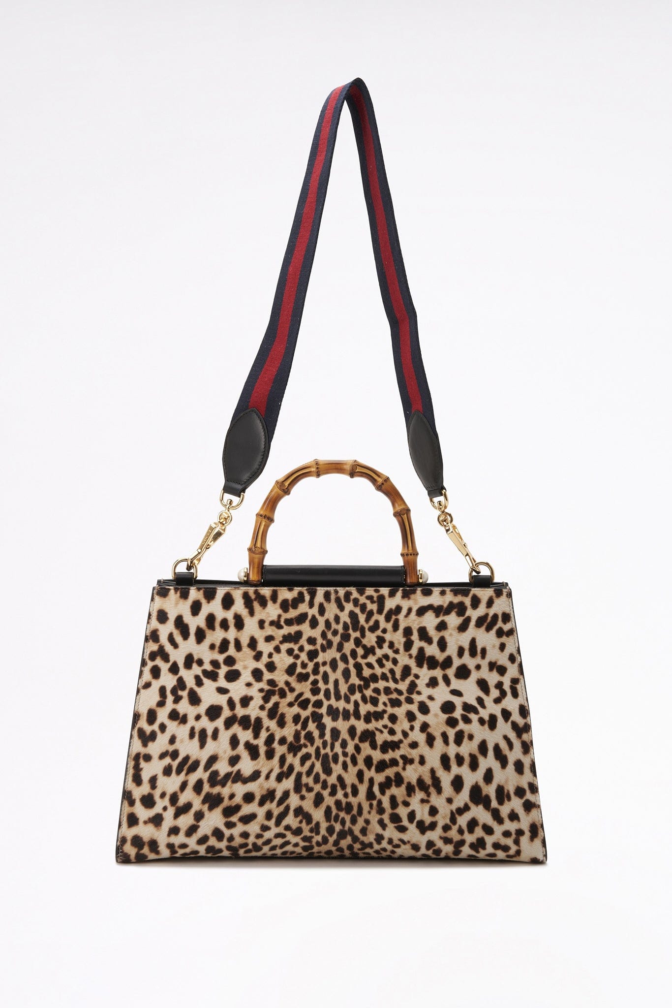 Vintage Gucci Nymphaea Leopard Printed Calf Hair Bag With Bamboo Handle