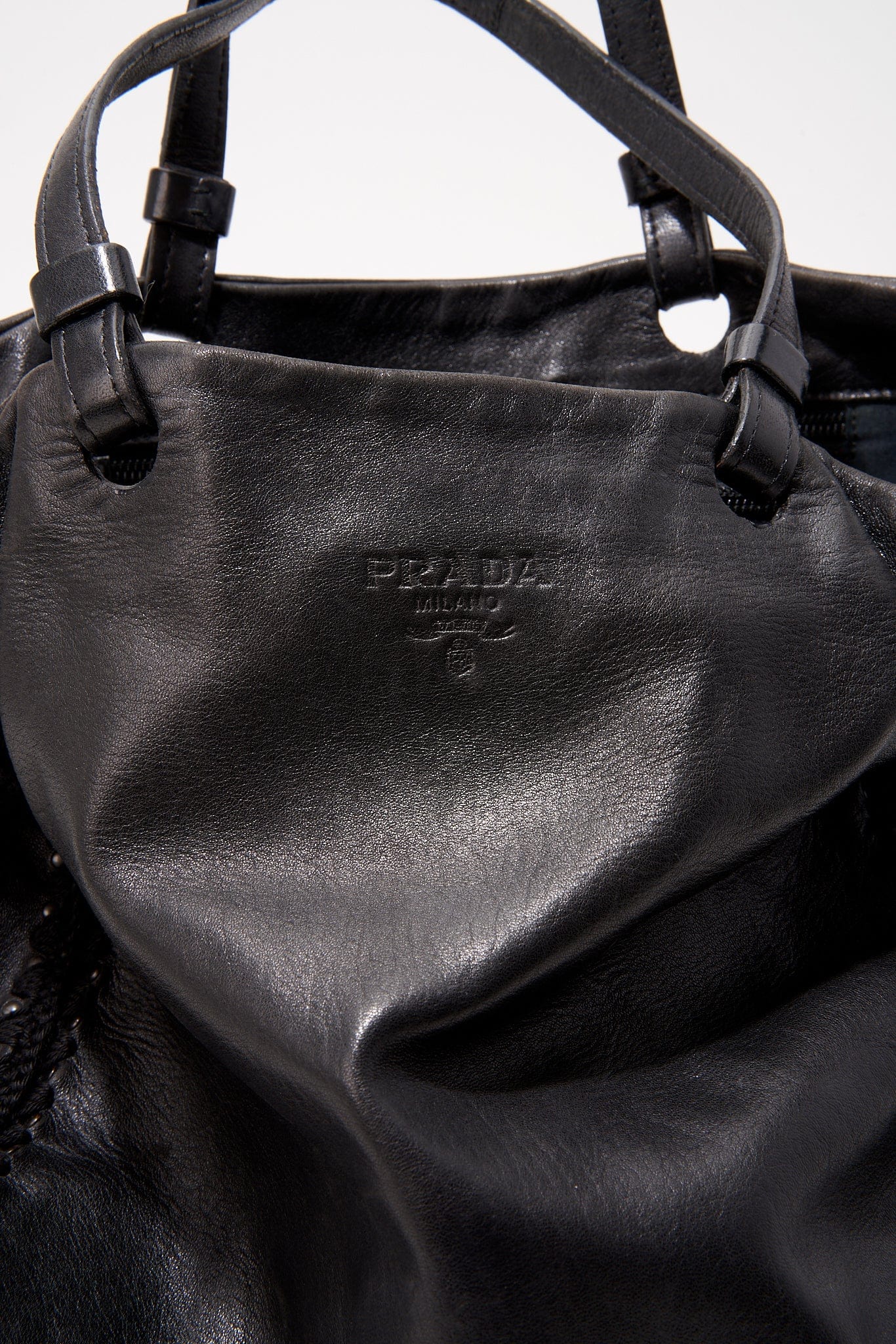 A vintage 90's Prada Black Leather Shoulder Bag with Stitch Detail