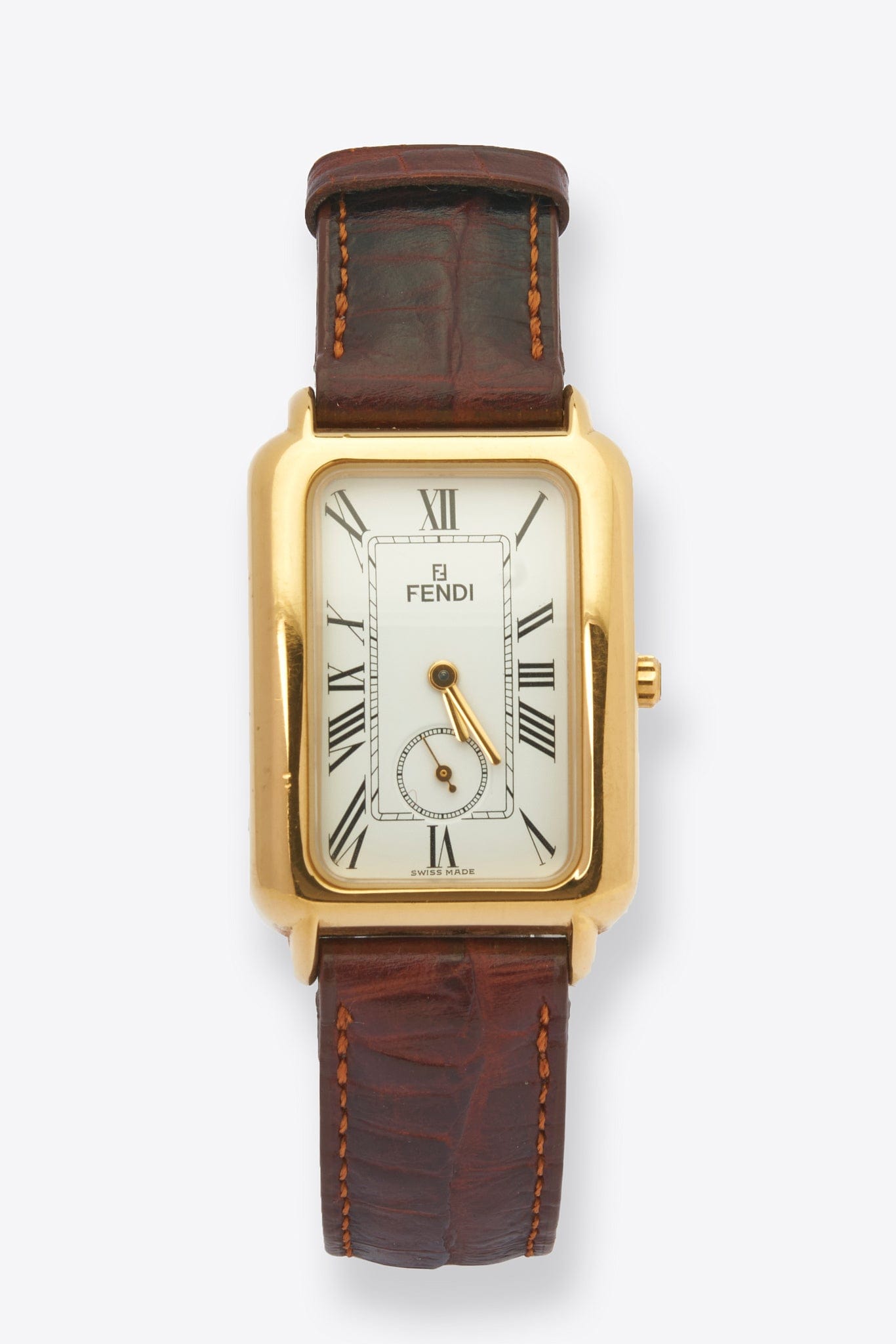 Vintage Fendi Gold Plated Watch with Brown Croc Leather Strap