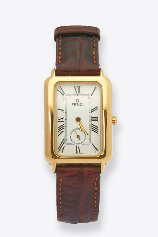 Vintage Fendi Gold Plated Watch with Brown Croc Leather Strap