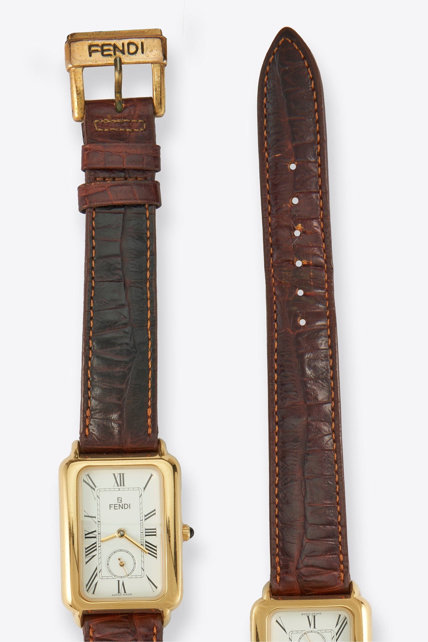 Vintage Fendi Gold Plated Watch with Brown Croc Leather Strap