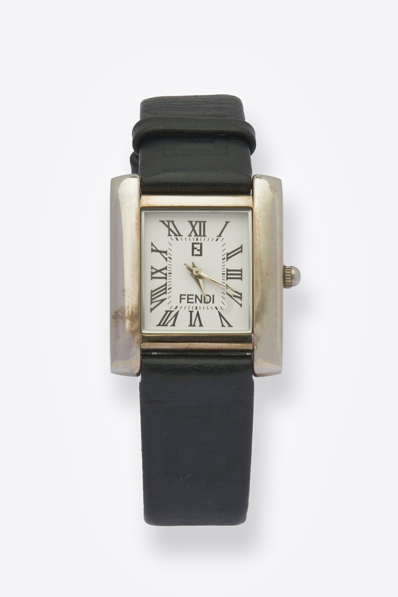 Vintage Fendi Silver Plated Watch with Black Leather Strap