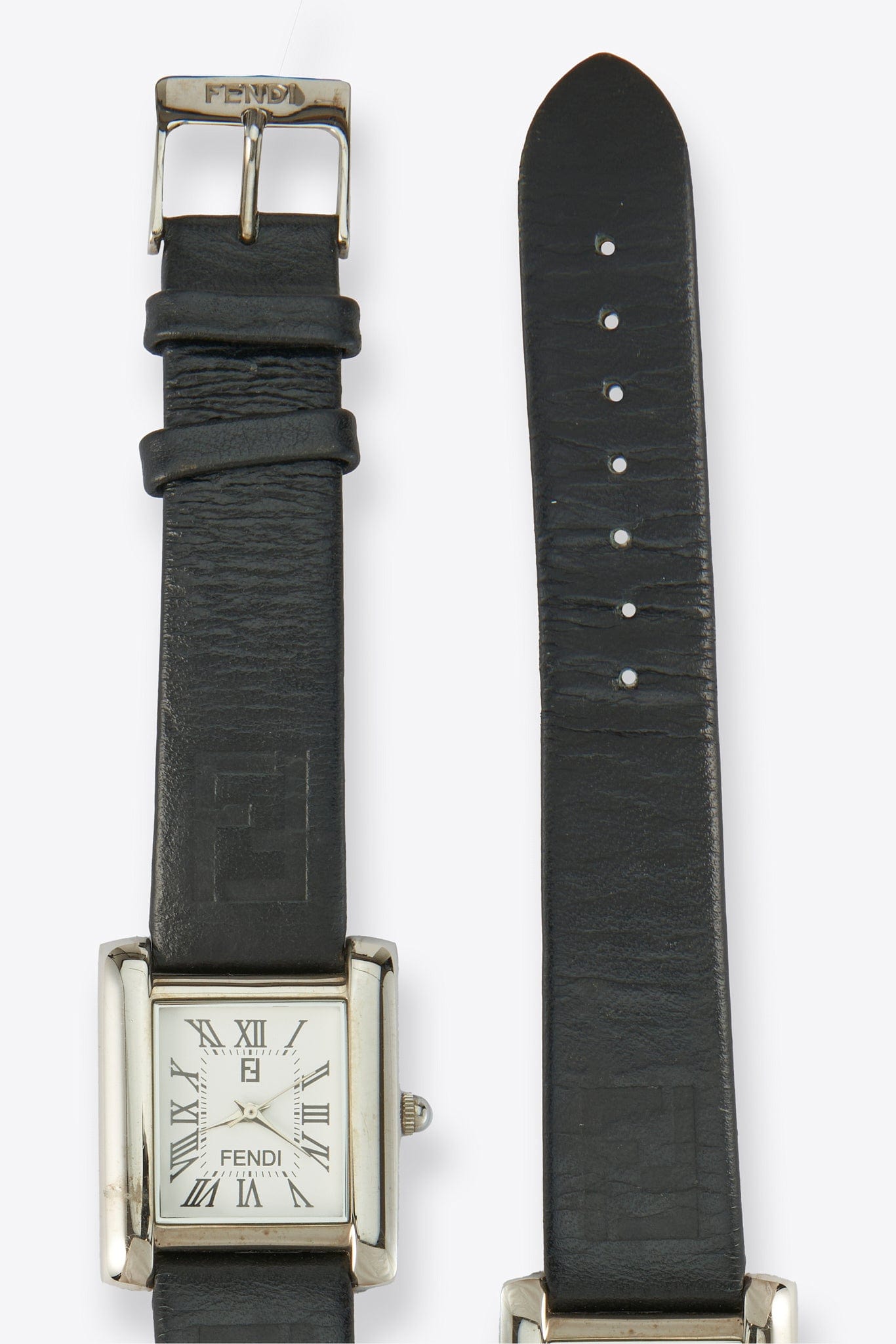 Vintage Fendi Silver Plated Watch with Black Leather Strap