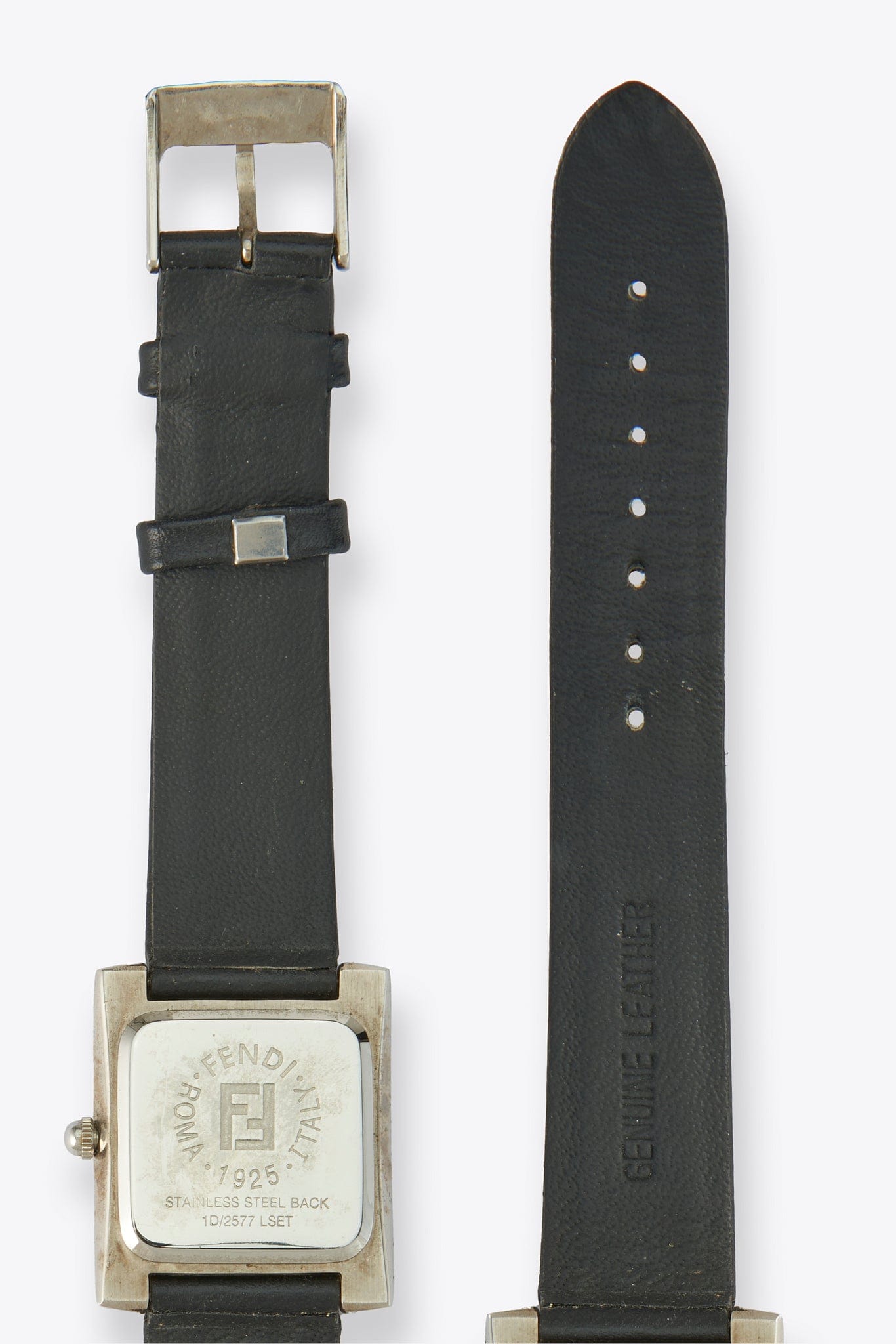 Vintage Fendi Silver Plated Watch with Black Leather Strap