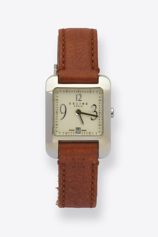 Vintage Celine Silver Plated Watch with Tan Leather Strap