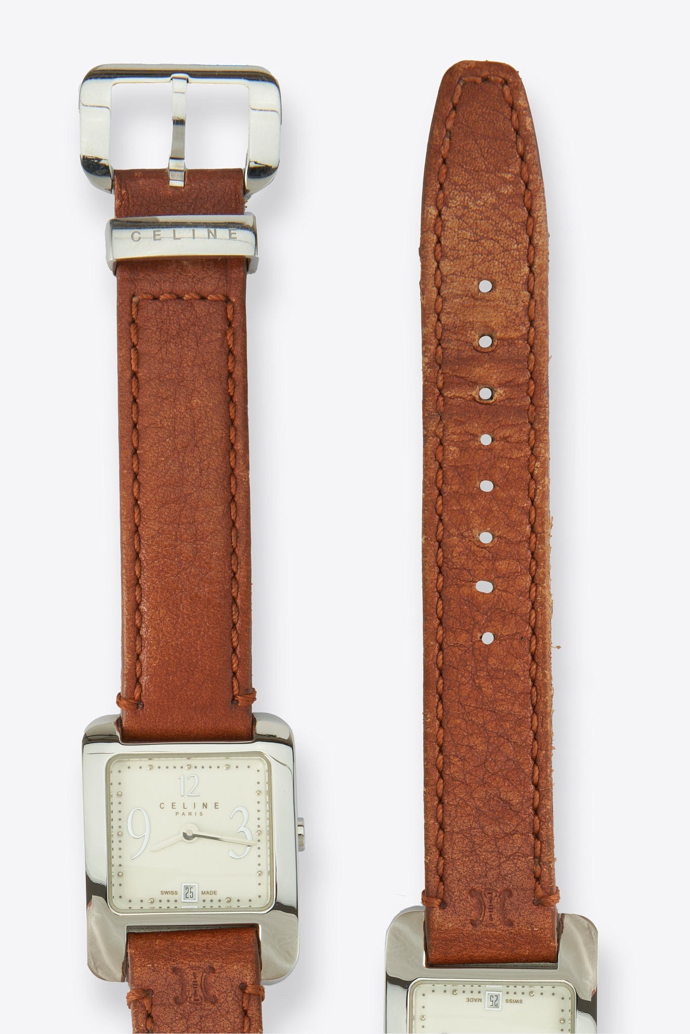 Vintage Celine Silver Plated Watch with Tan Leather Strap