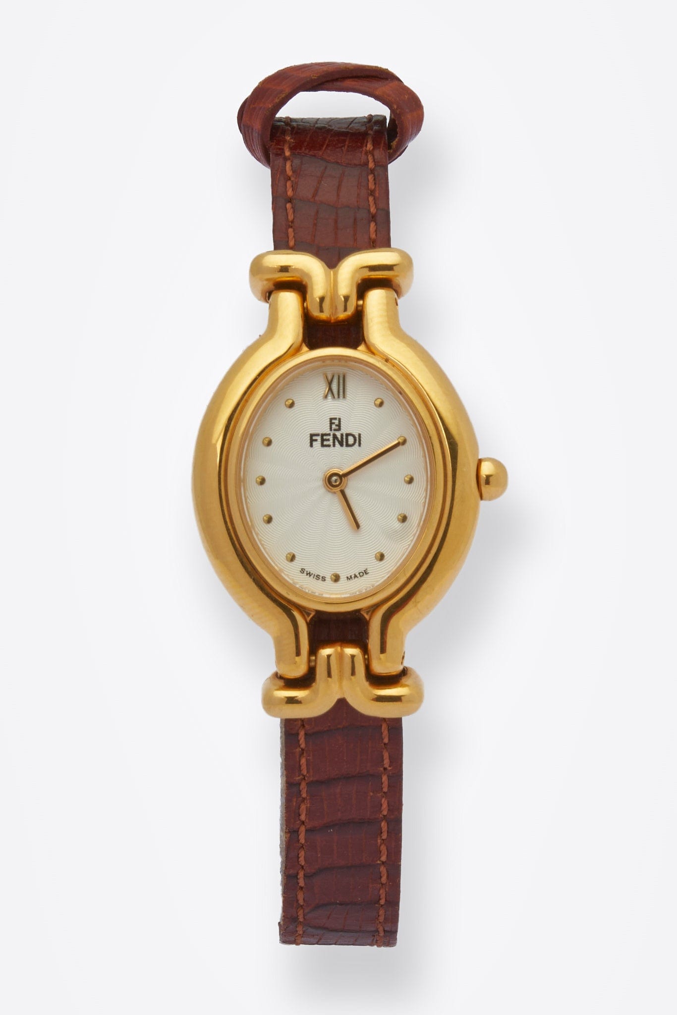 Vintage Fendi Oval Gold Plated Watch with Brown Croc Leather Strap