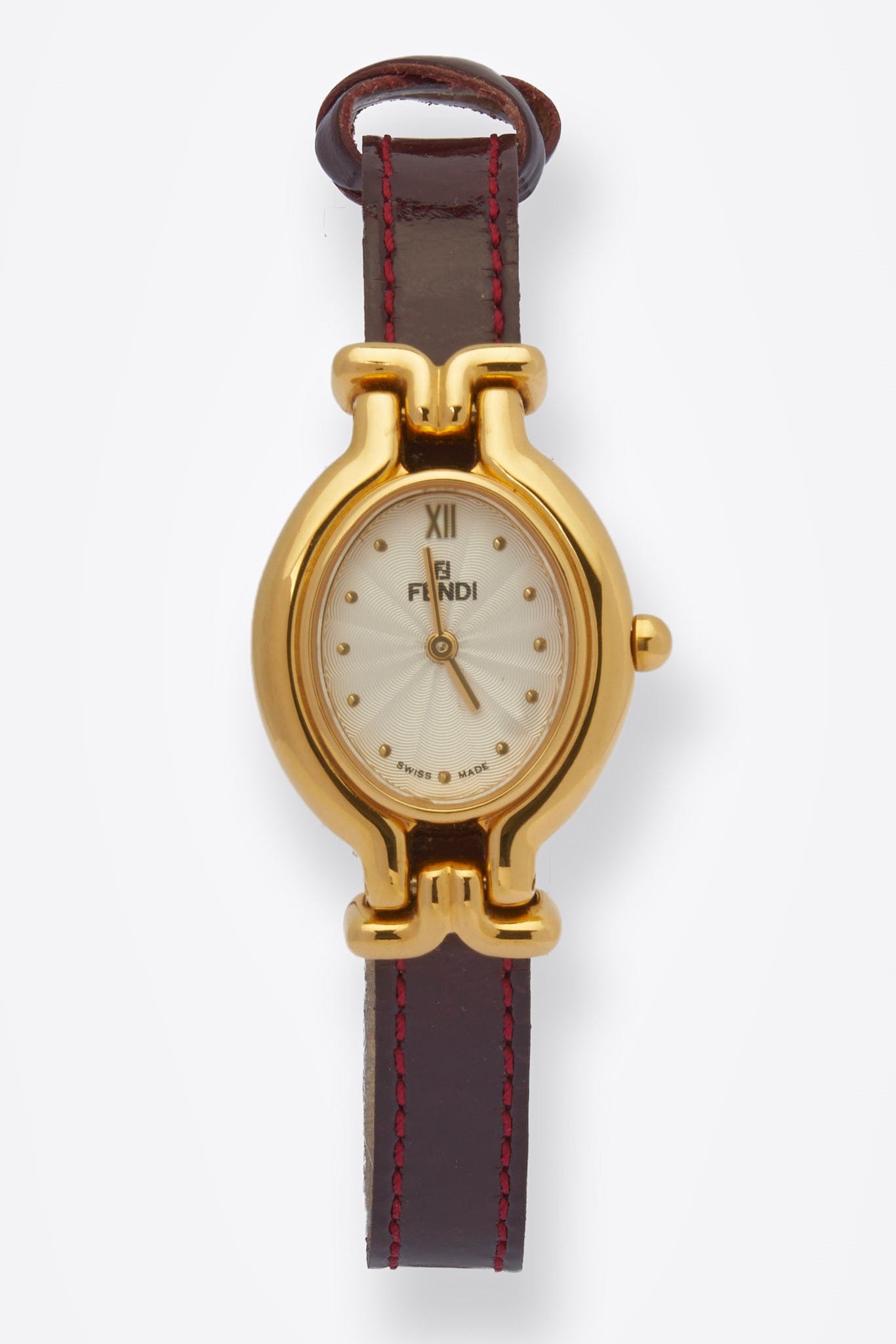 Vintage Fendi Oval Gold Plated Watch with Burgundy Leather Strap