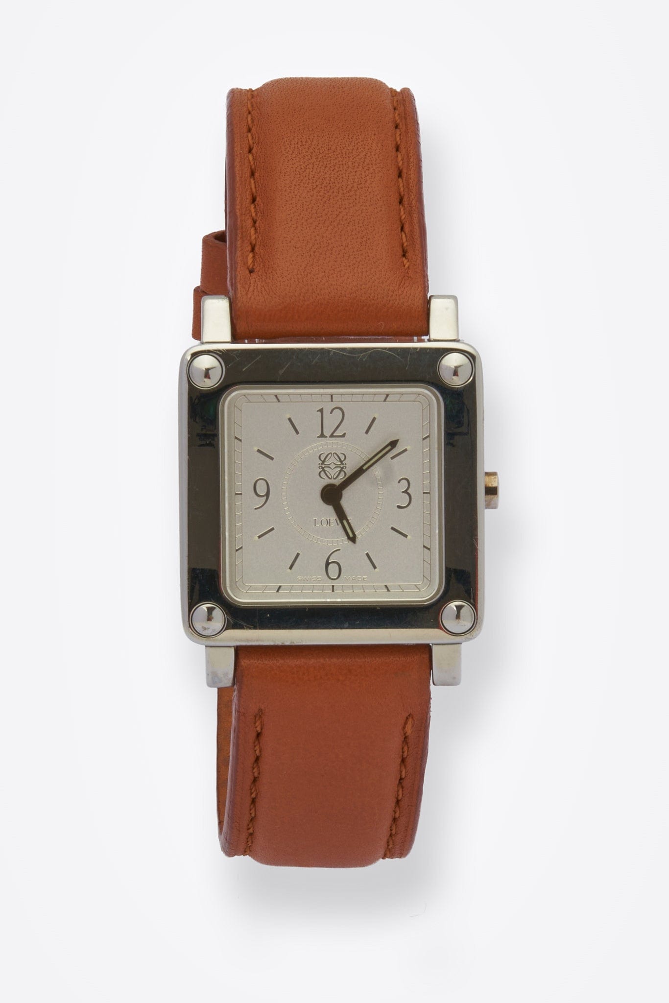 Vintage Loewe Silver Plated Watch with Tan Leather Strap and Box