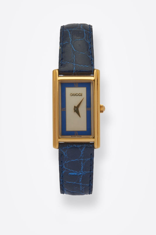 Vintage Gucci Gold Plated Watch with a Blue Croc Leather Strap and Box