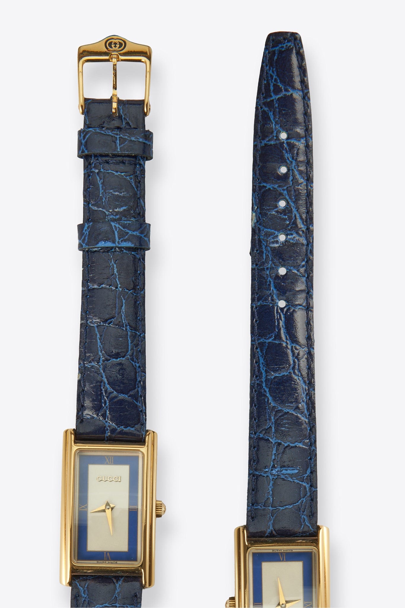 Vintage Gucci Gold Plated Watch with a Blue Croc Leather Strap and Box