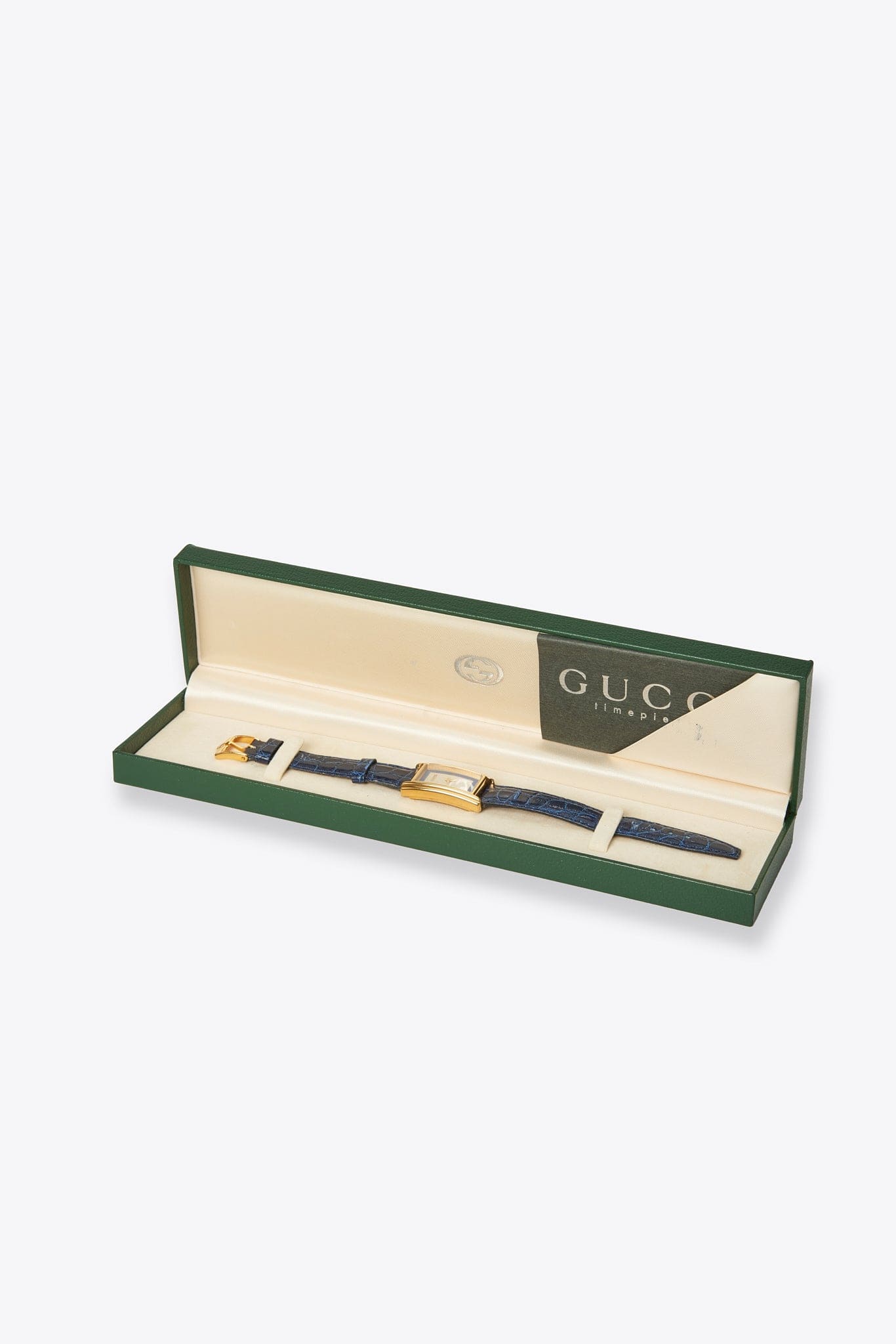 Vintage Gucci Gold Plated Watch with a Blue Croc Leather Strap and Box