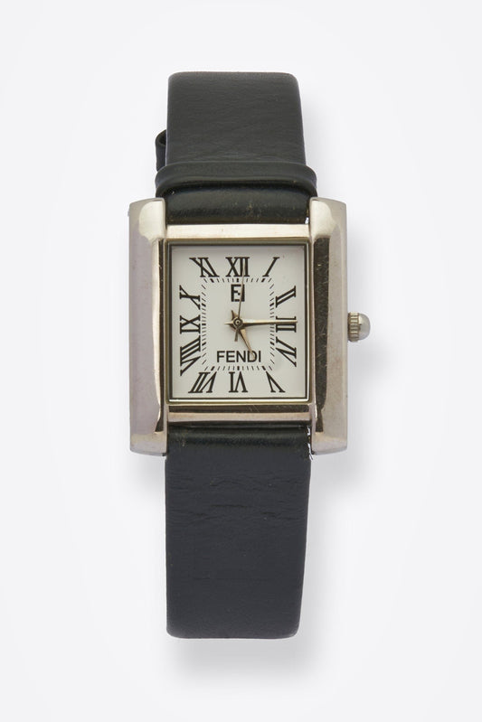 Vintage Fendi Silver Plated Watch with Black Leather Strap