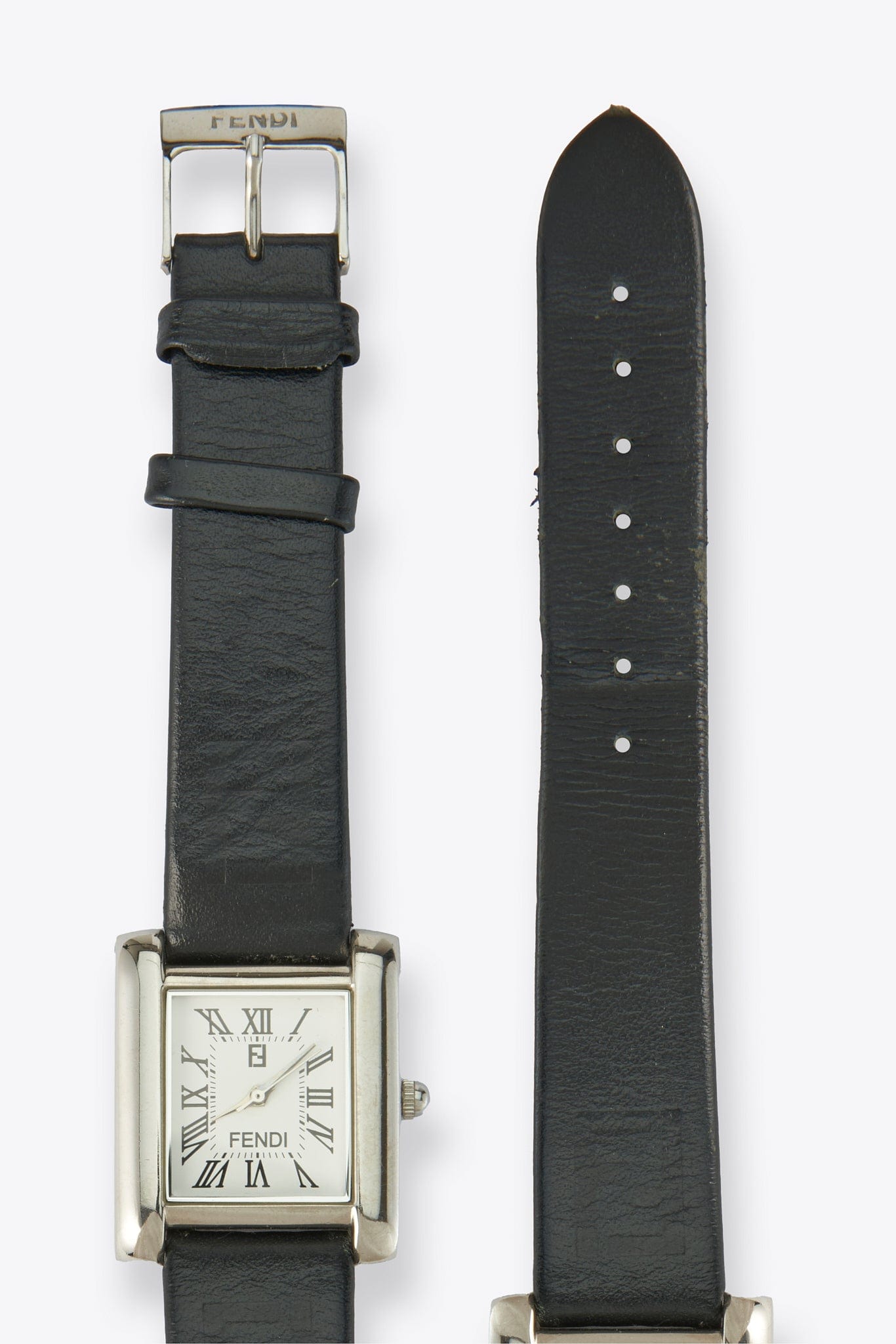 Vintage Fendi Silver Plated Watch with Black Leather Strap