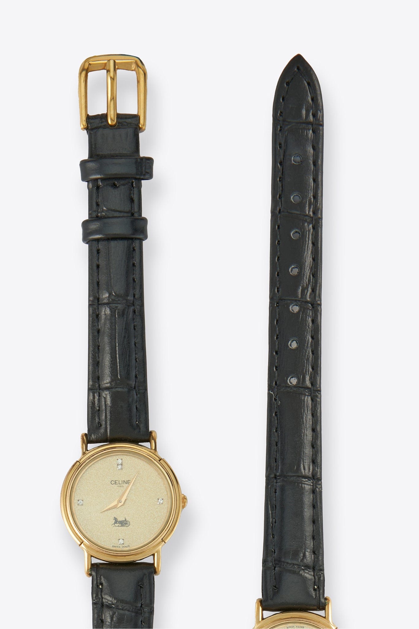 Vintage Celine Gold Plated Watch with Black Leather Strap and Diaminds on Dial