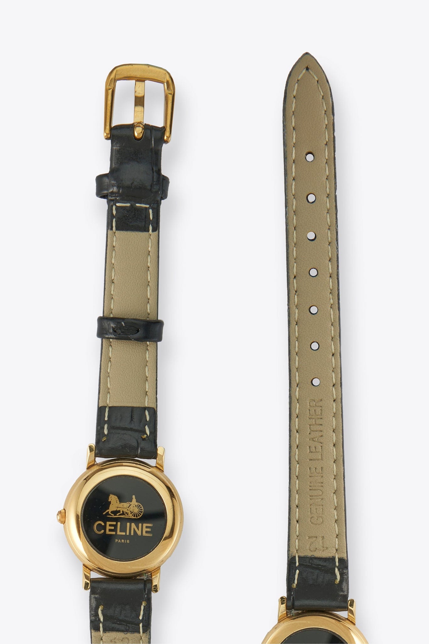 Vintage Celine Gold Plated Watch with Black Leather Strap and Diaminds on Dial