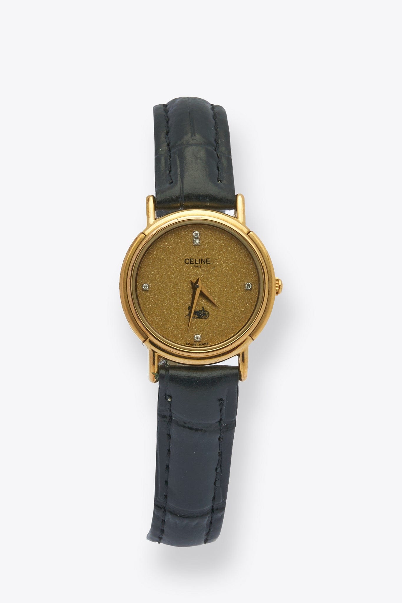 Vintage Celine Gold Plated Watch with Black Leather Strap and Diaminds on Dial