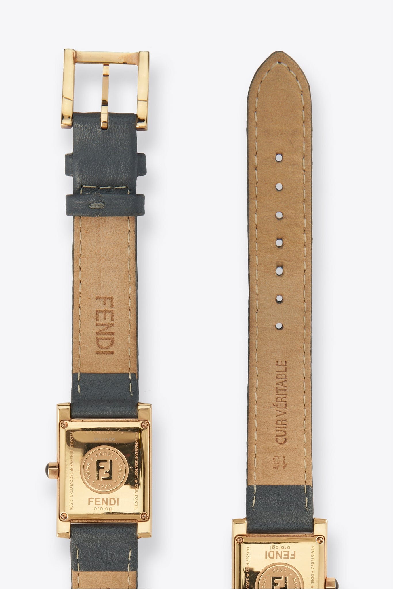 Vintage Fendi Gold Plated Watch with a Grey Leather Strap