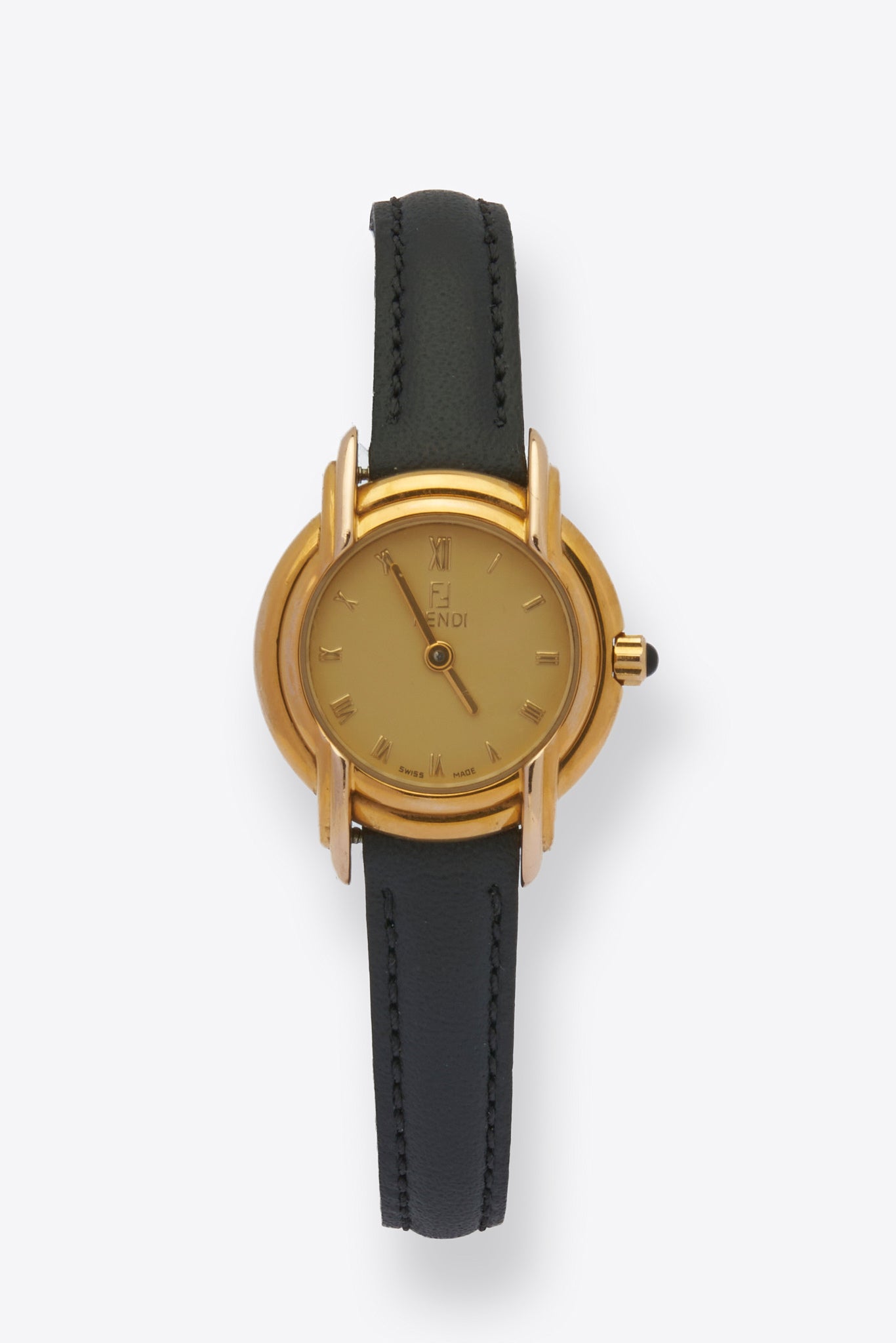 Vintage Fendi Round Gold Plated Watch with Black Leather Strap