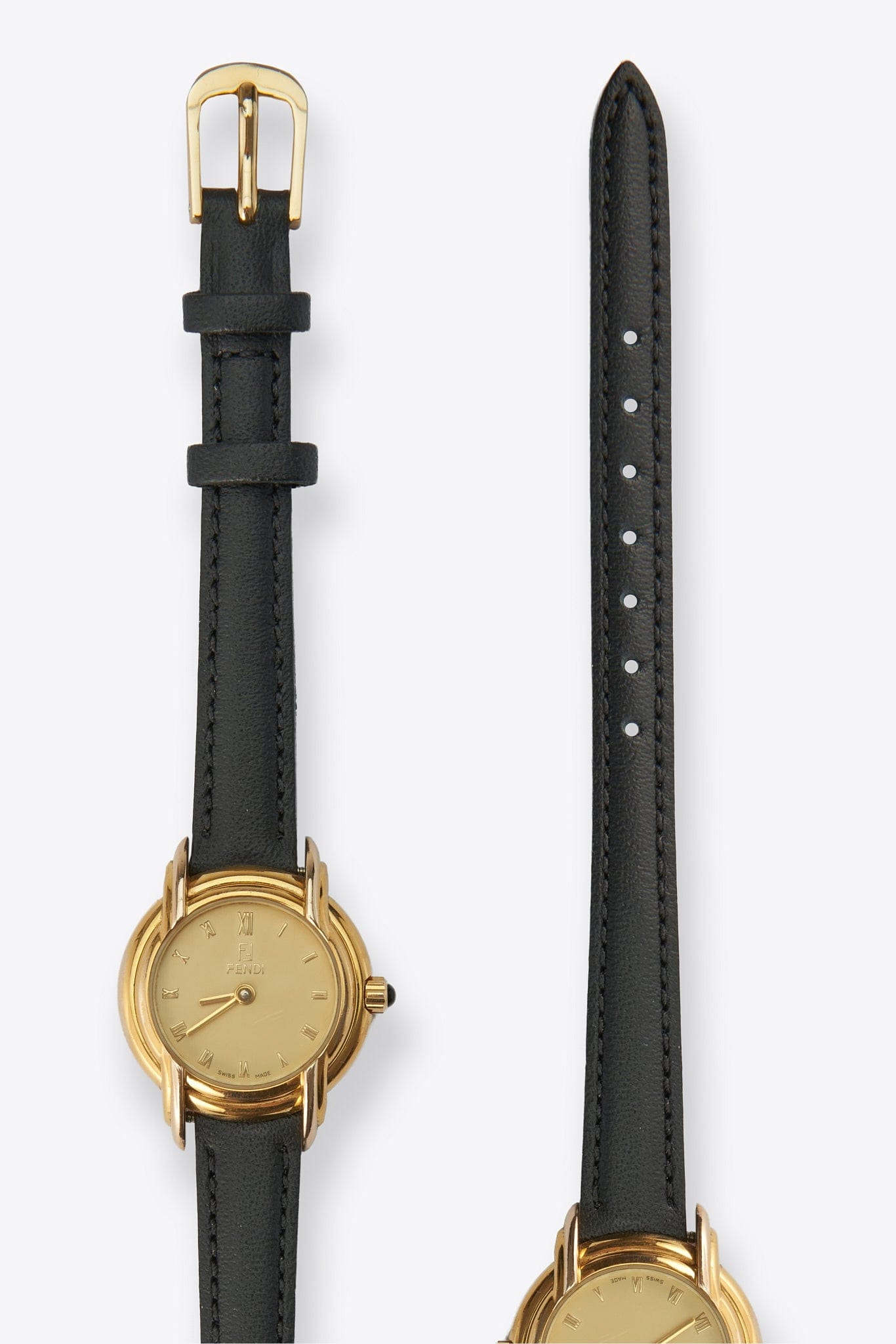 Vintage Fendi Round Gold Plated Watch with Black Leather Strap