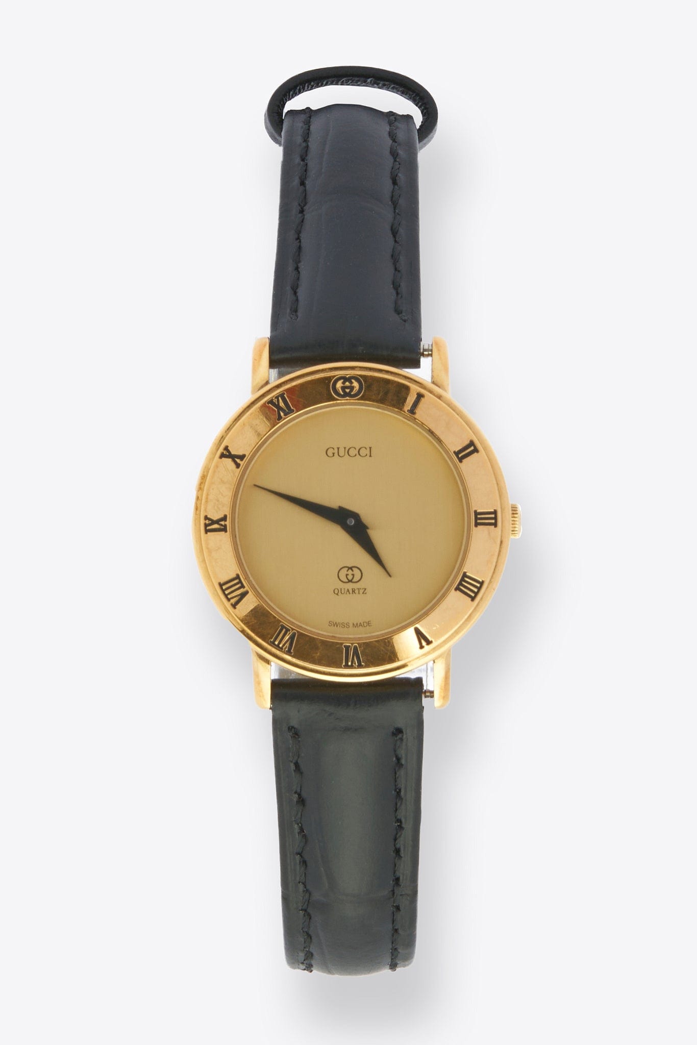 Vintage Gucci Round Gold Plated Watch with Black Croc Leather Strap