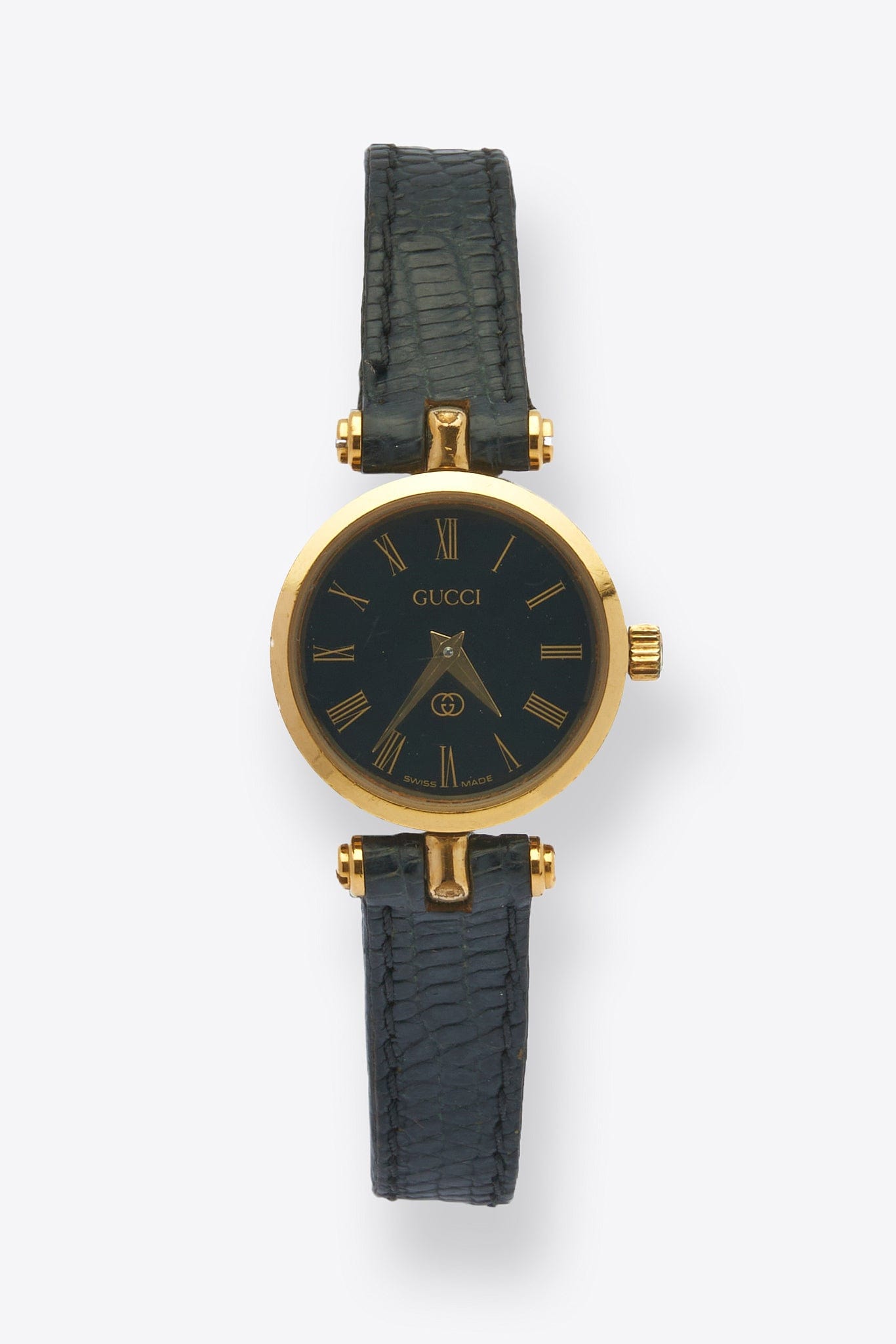 Vintage Gucci Round Gold Plated Watch with Black Lizard Leather Strap