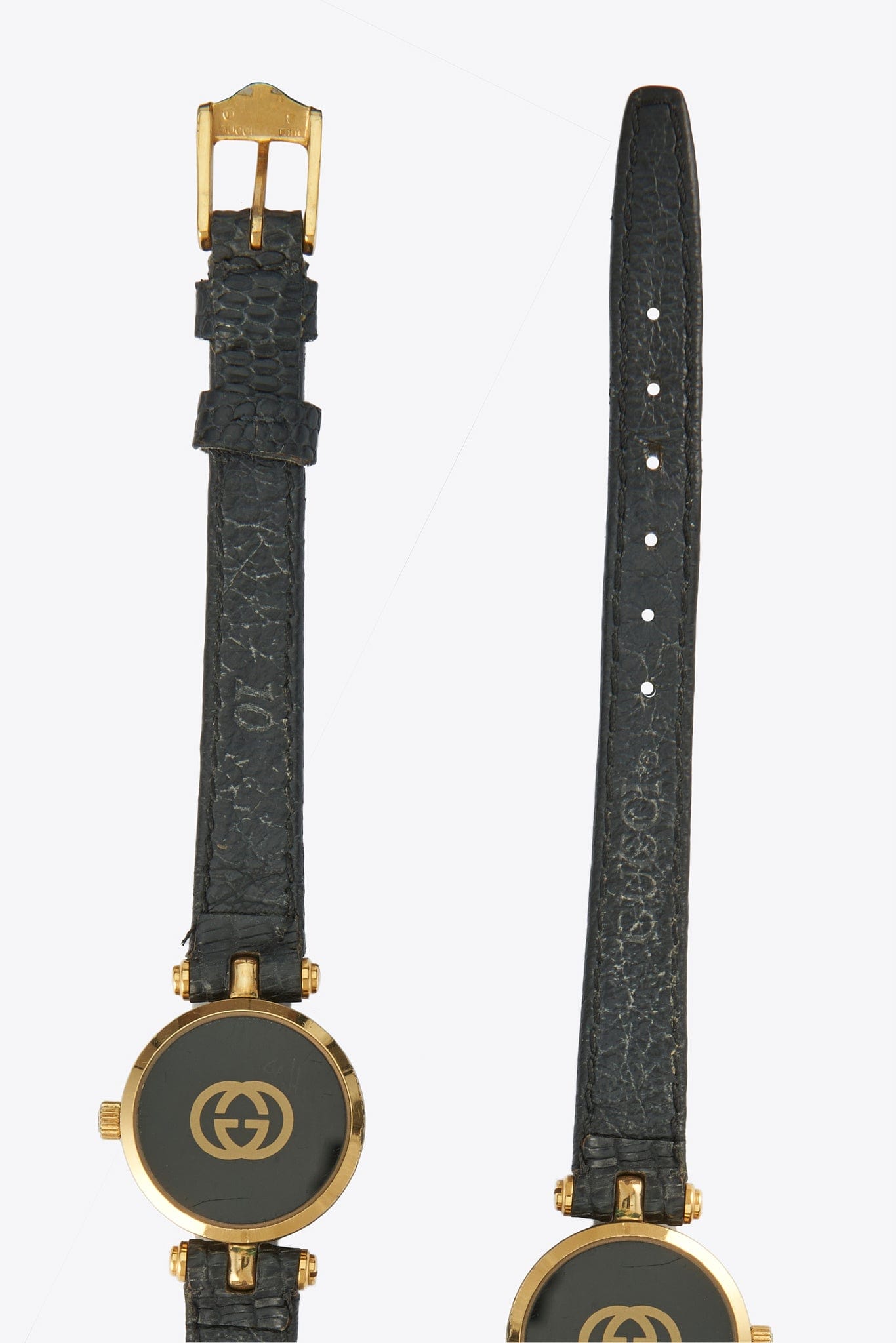 Vintage Gucci Round Gold Plated Watch with Black Lizard Leather Strap