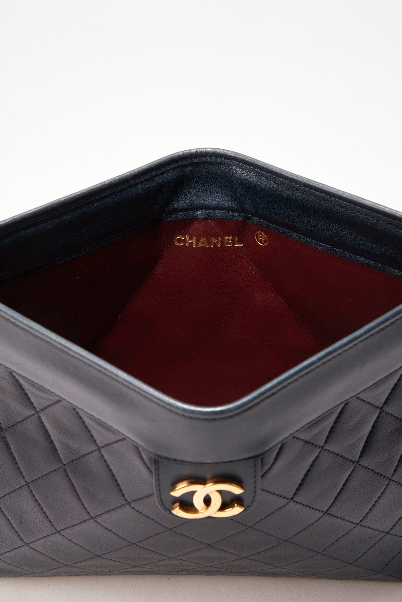 Vintage Chanel Navy Leather Clutch Bag With 24K Gold Plated Hardware