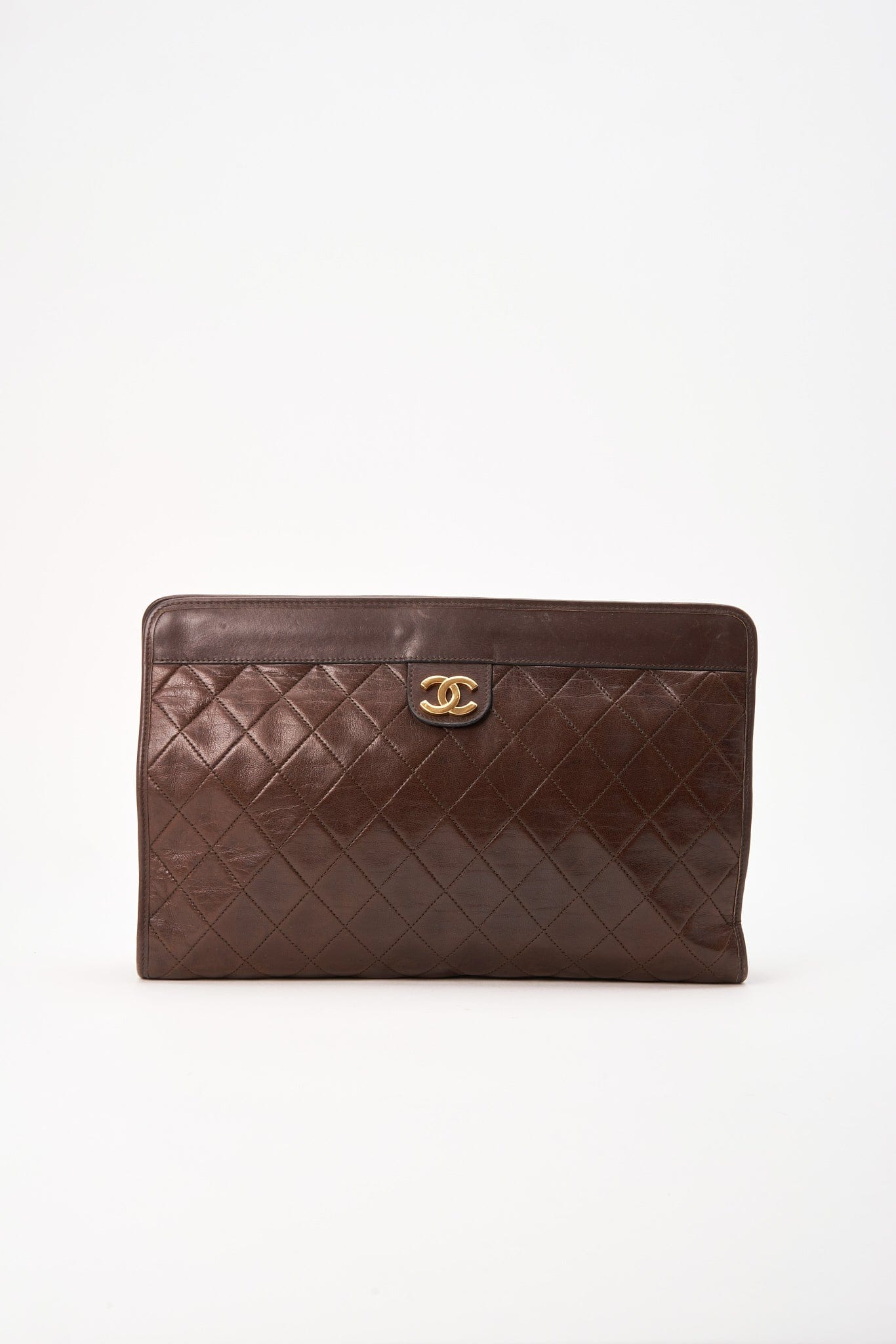 Vintage Chanel Brown Leather Clutch Bag With 24K Gold Plated Hardware