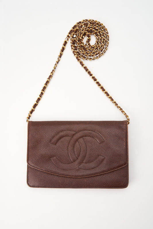 Vintage Chanel Brown Caviar Leather Wallet On Chain